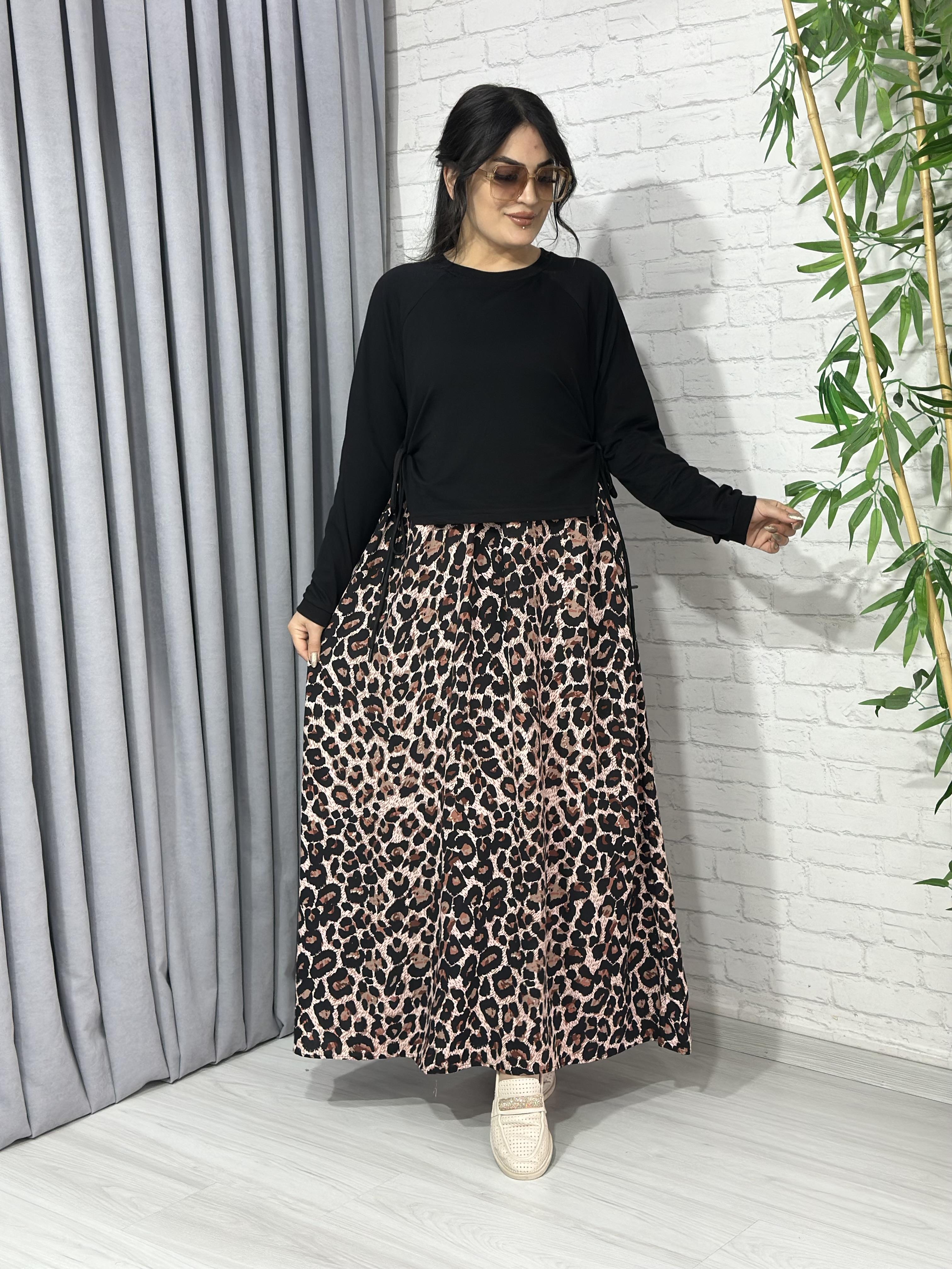 Siyah Pamuk Viskon Leopar Desenli Cepli Uzun Kol Yan Bağcık Elbise A201 