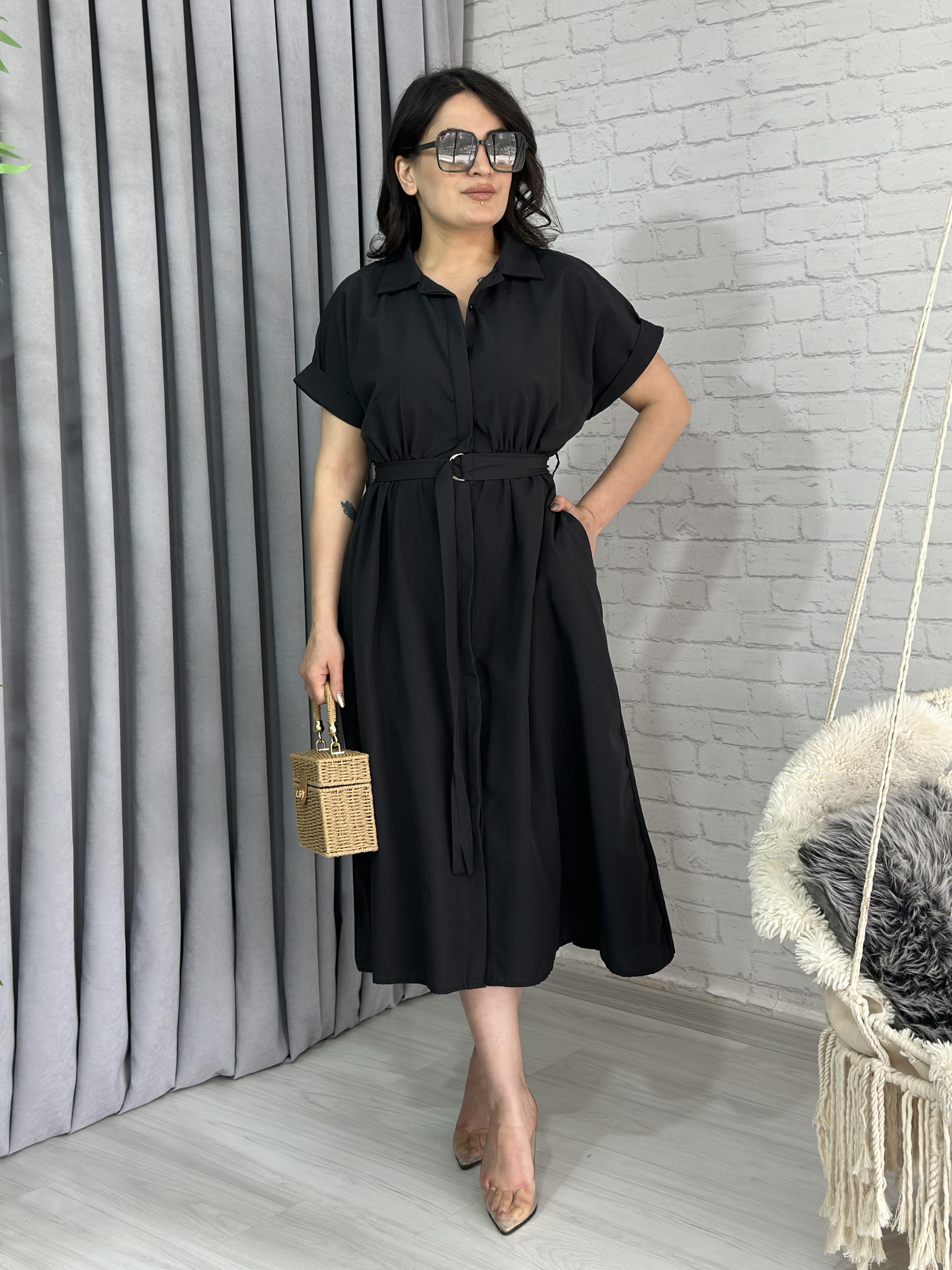 Siyah Poplin Kumaş Beli Lastikli Kemerli Midi Boy Elbise A074