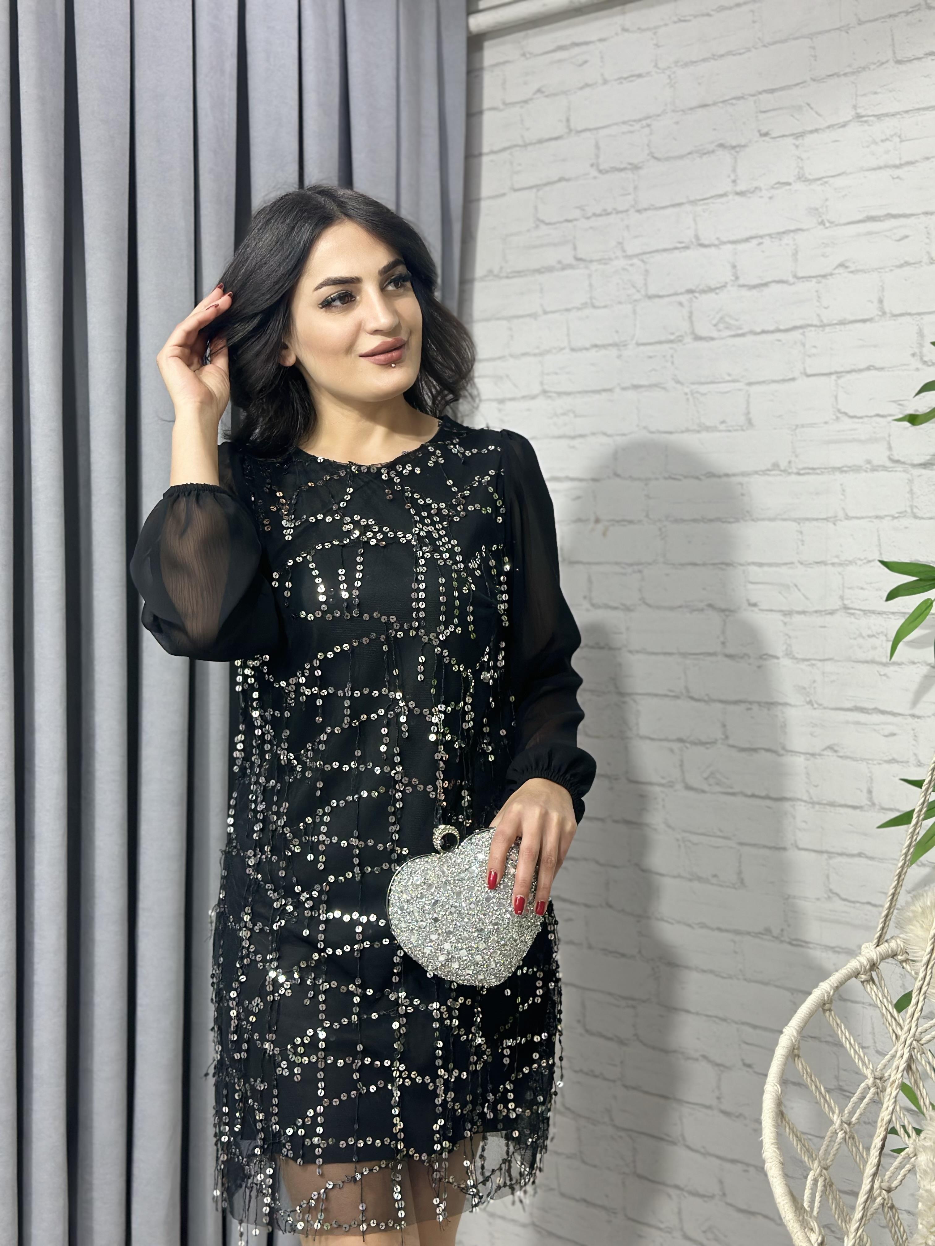 Siyah Pul Detaylı  Astarlı Kol Tül Elbise 