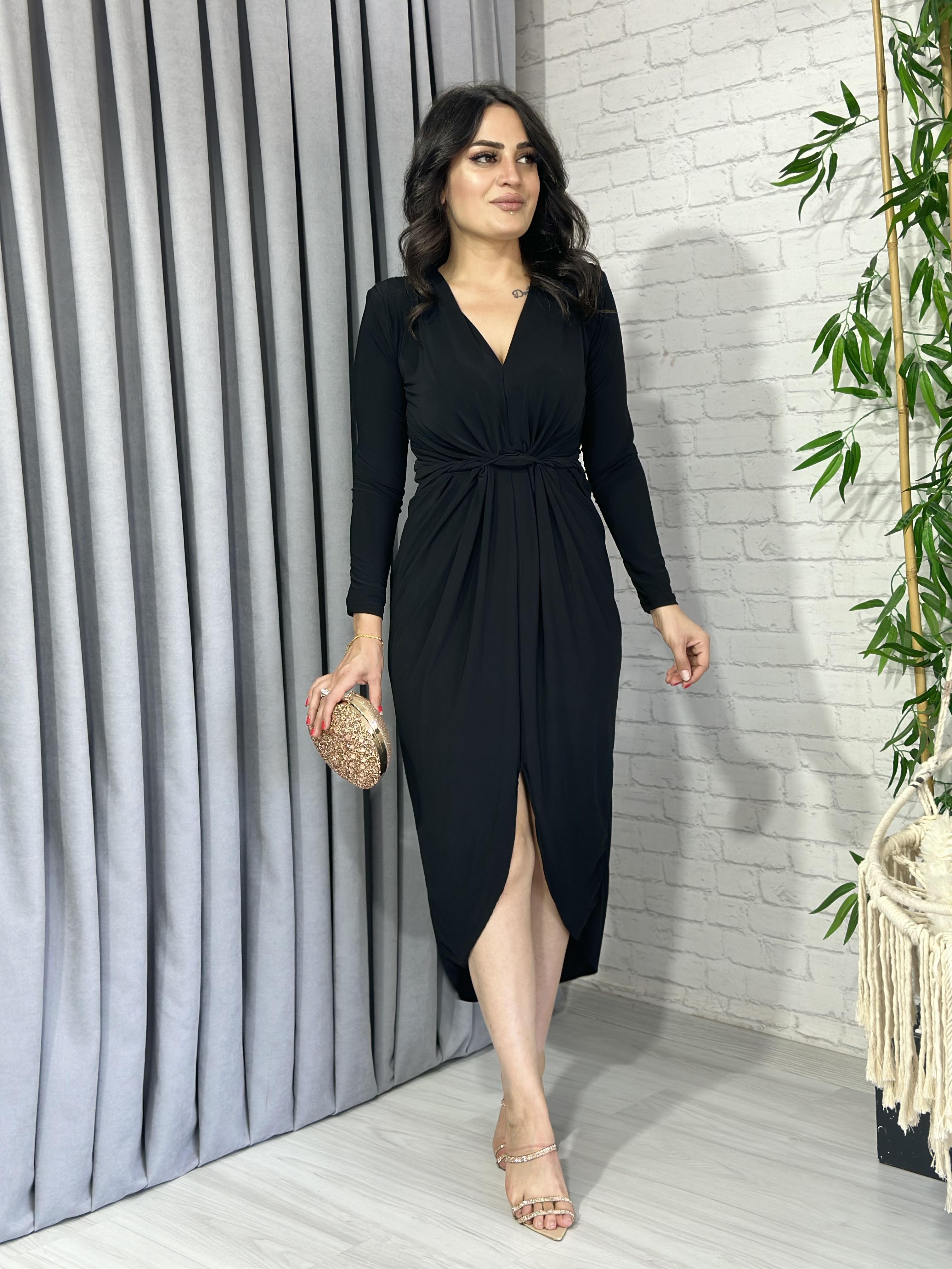 Siyah Sandy Kumaş Önden Düğümlü Maxi Elbise