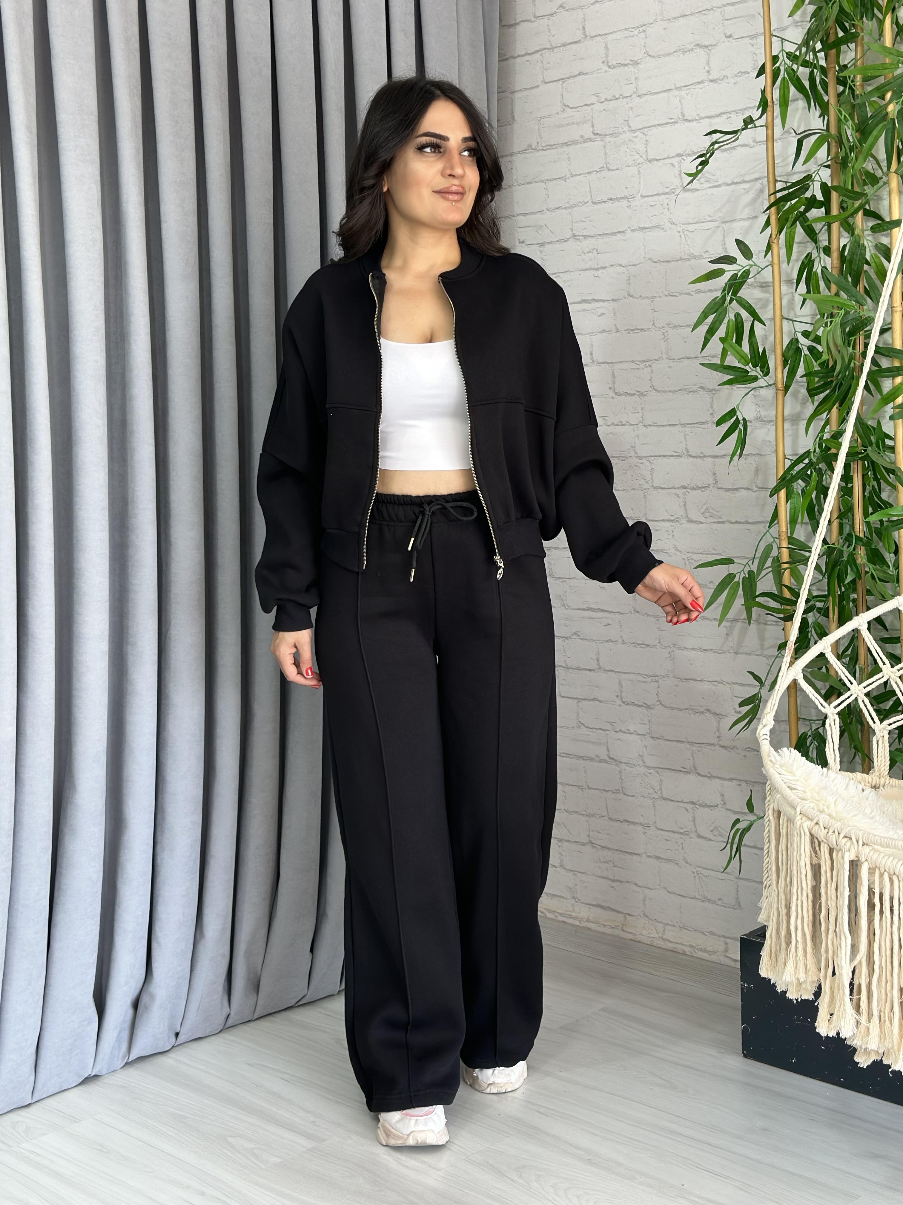 Siyah Şardonlu 3 İplik Fermuarlı Eşofman Takım