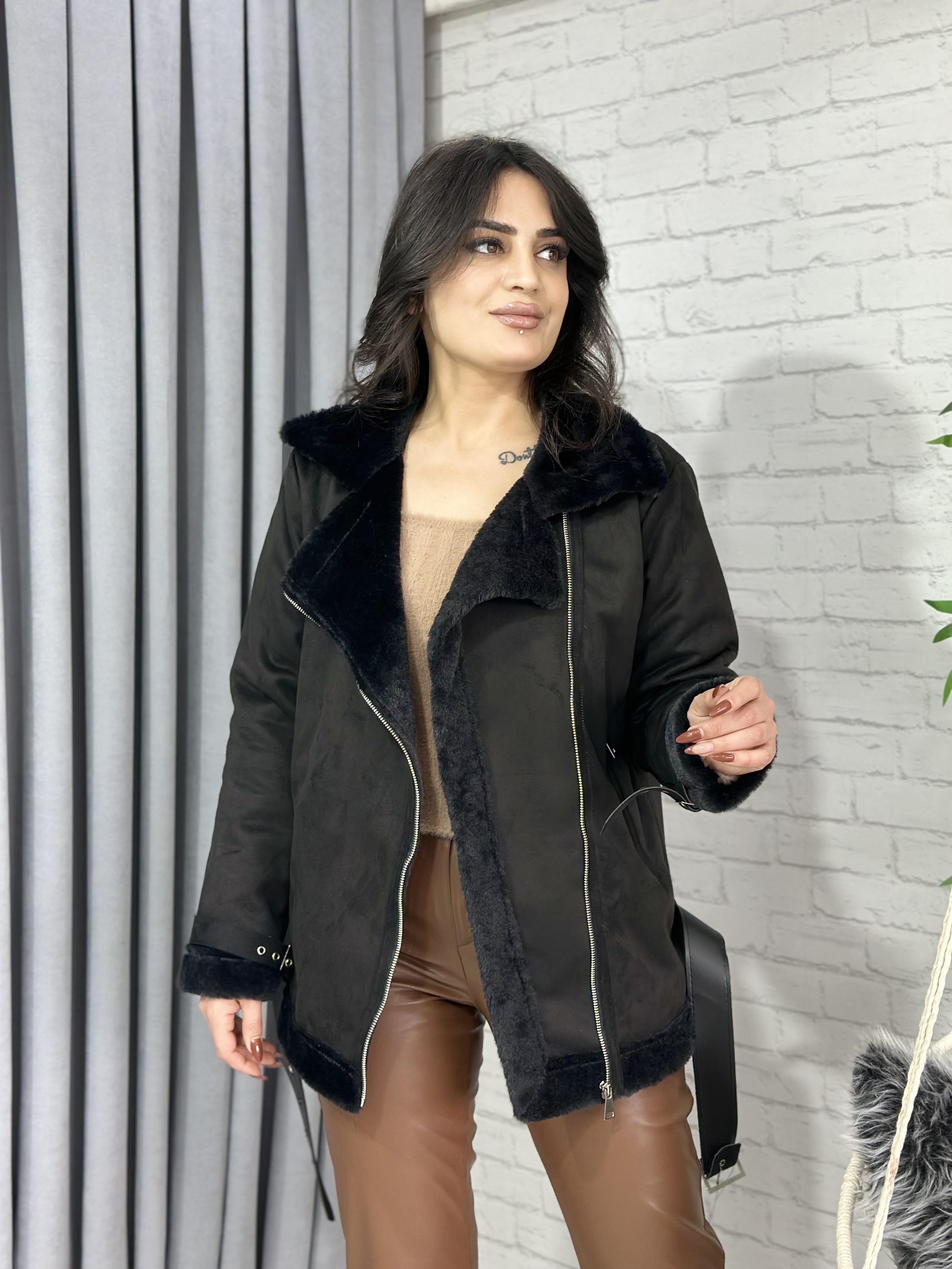 Siyah Süet İçi Kürklü Kemer Detaylı Biker Mont