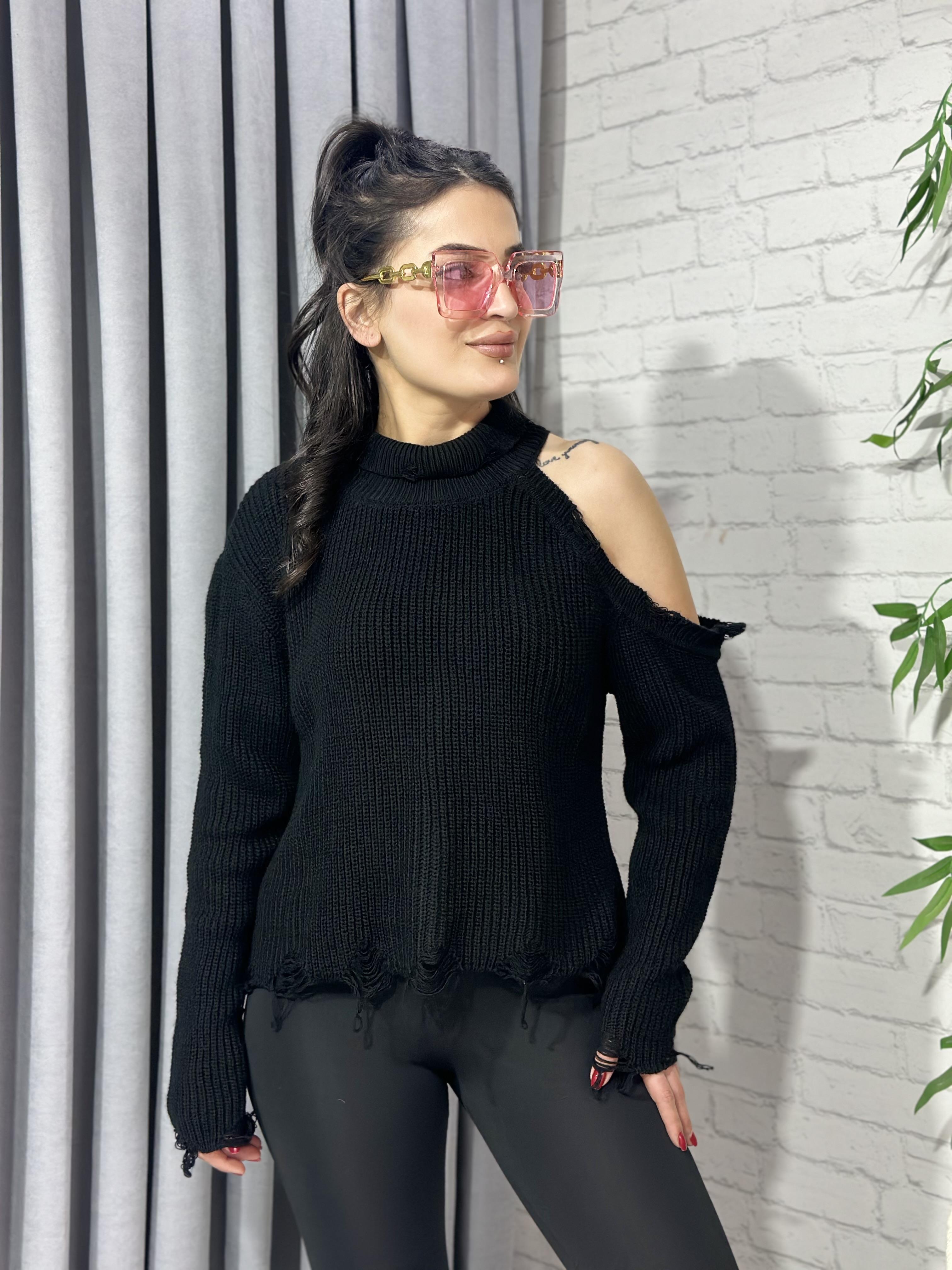 Siyah Tek Omuz Dekolteli Triko Kazak