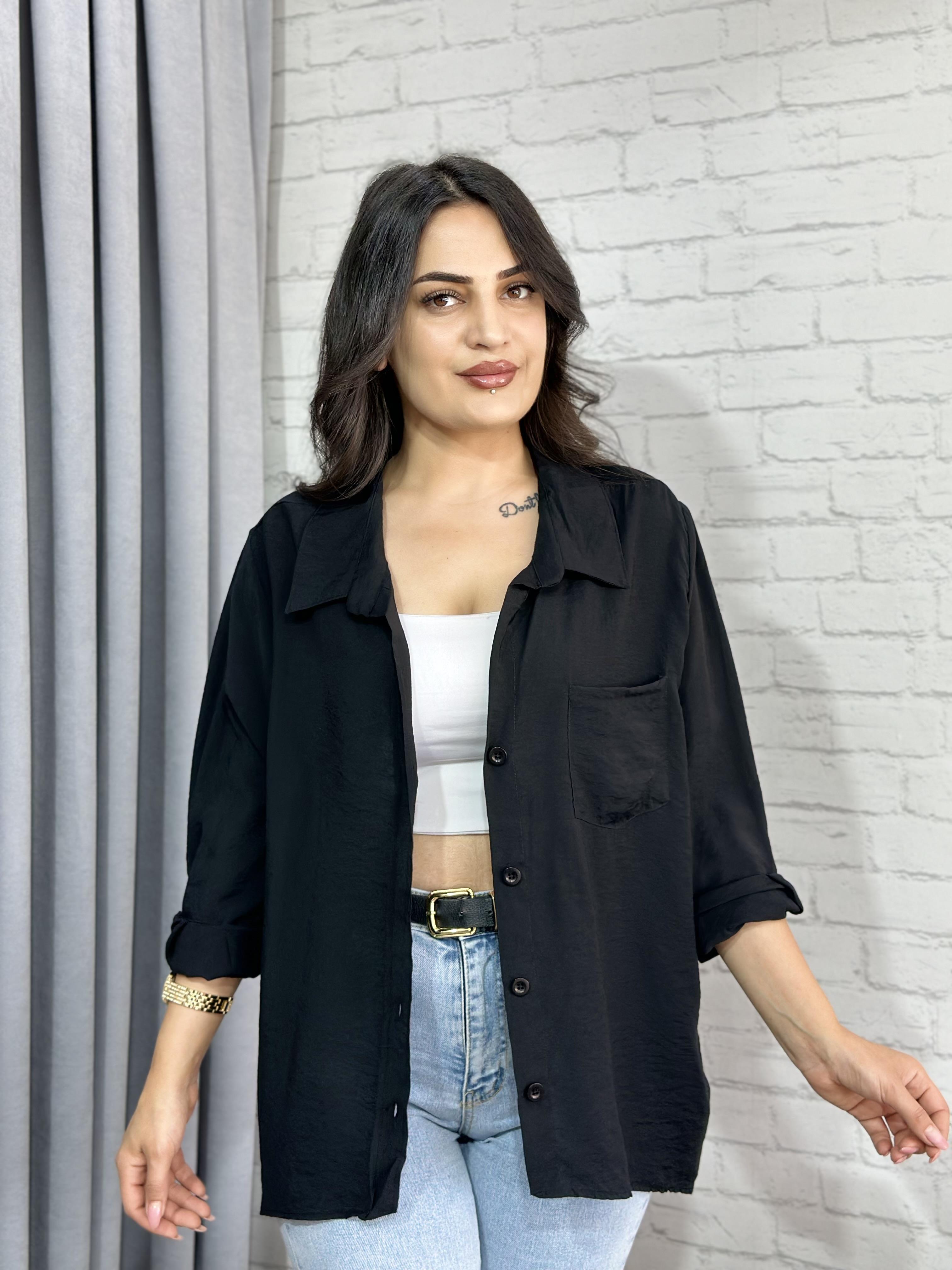 Siyah Tensel Bambu Oversize Cepli Gömlek