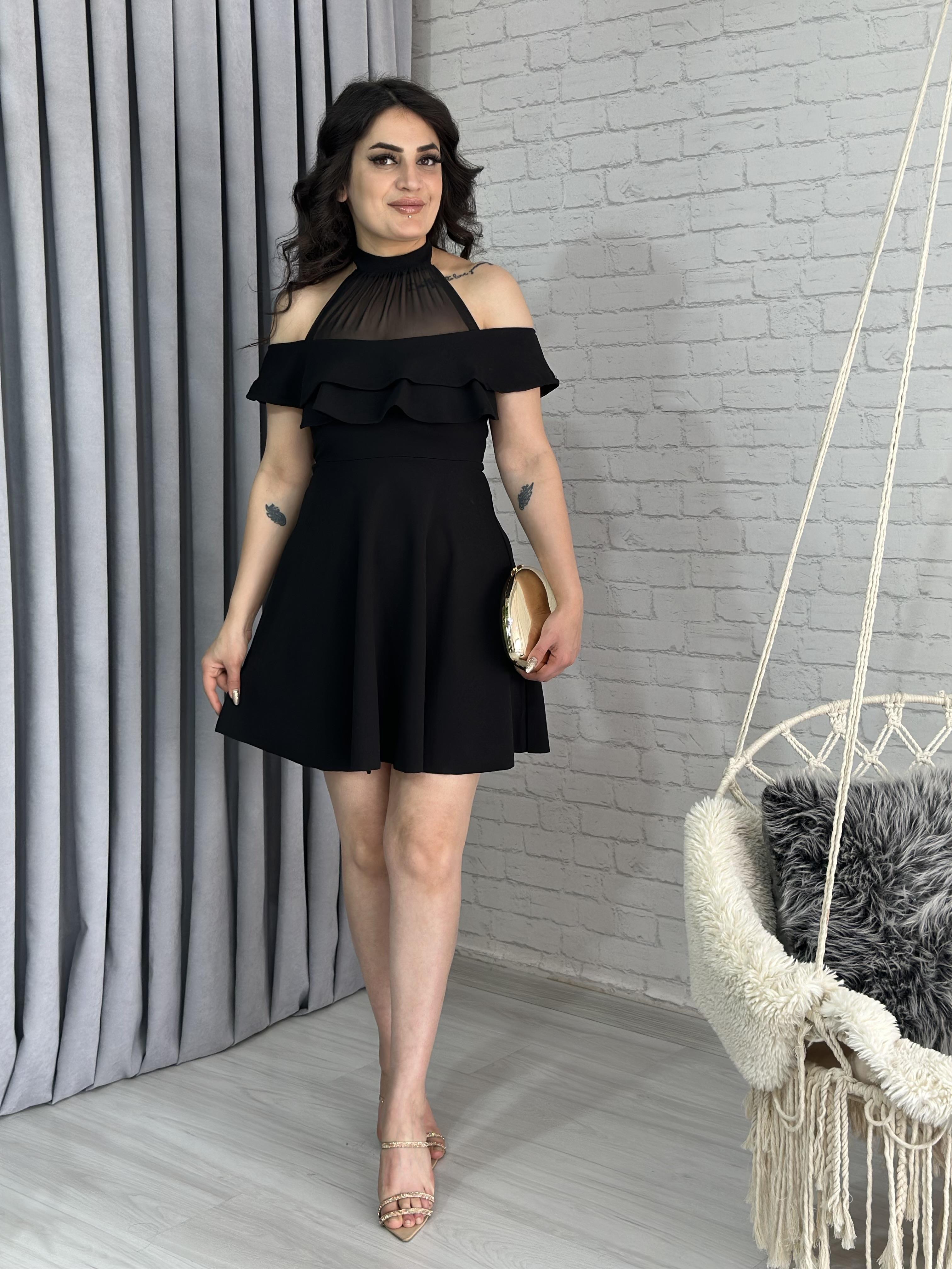 Siyah Tül Detay Mini Krep Elbise A39