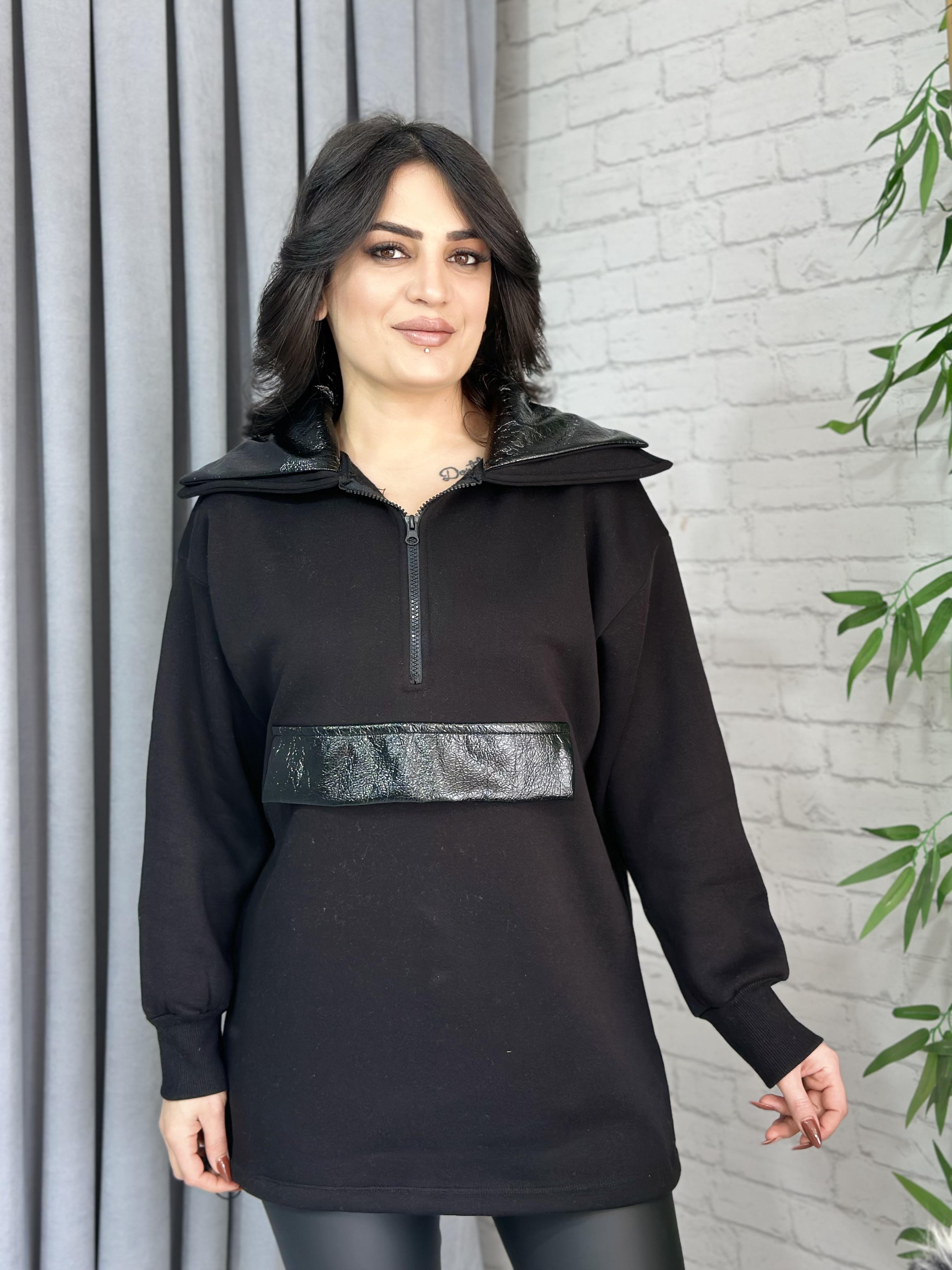 Siyah Yarım Fermuarlı Polar Sweatshirt