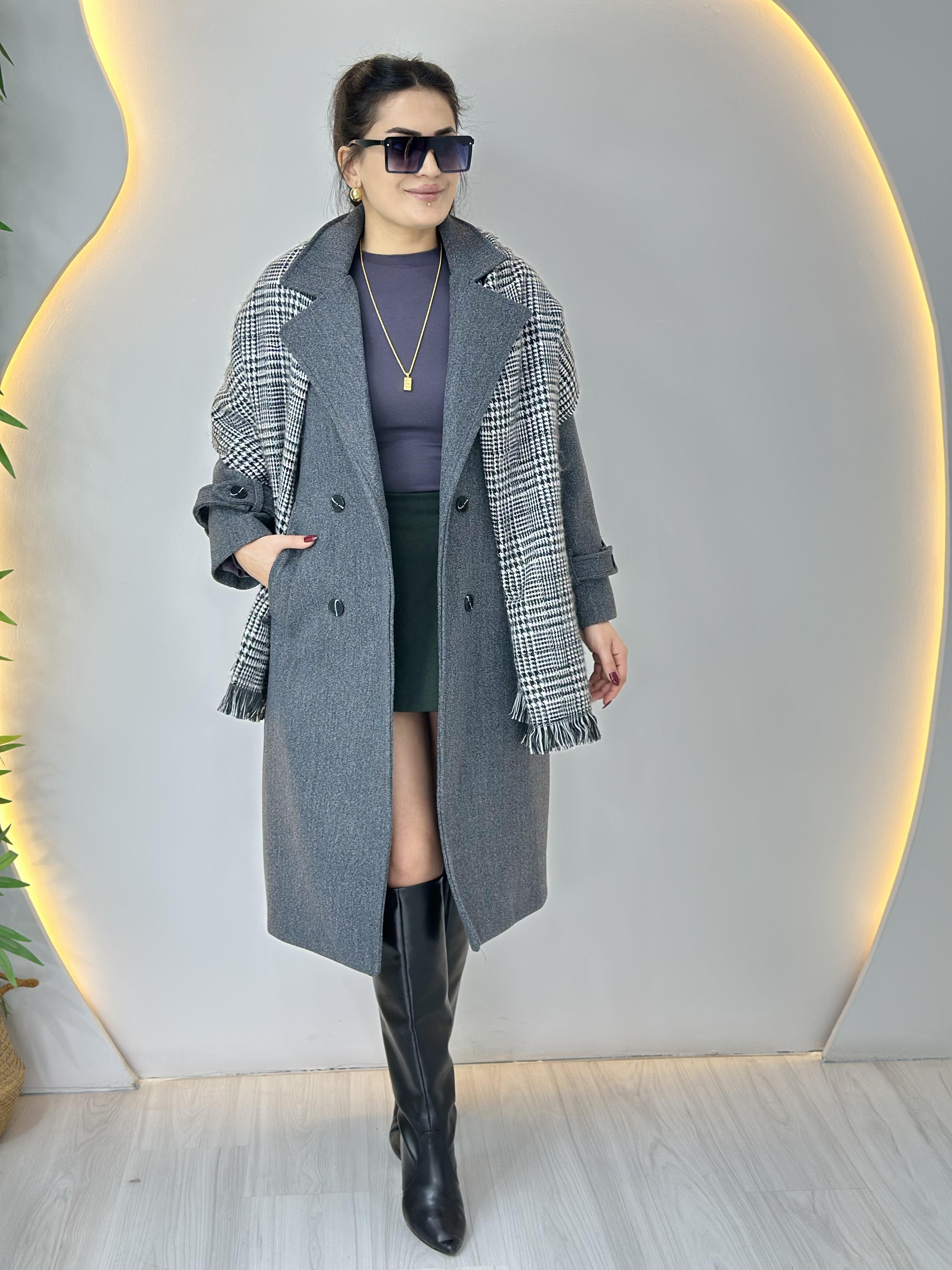 Snow Gri Çift Düğmeli Astarlı Apoletli Cepli Kaşe Kaban A630