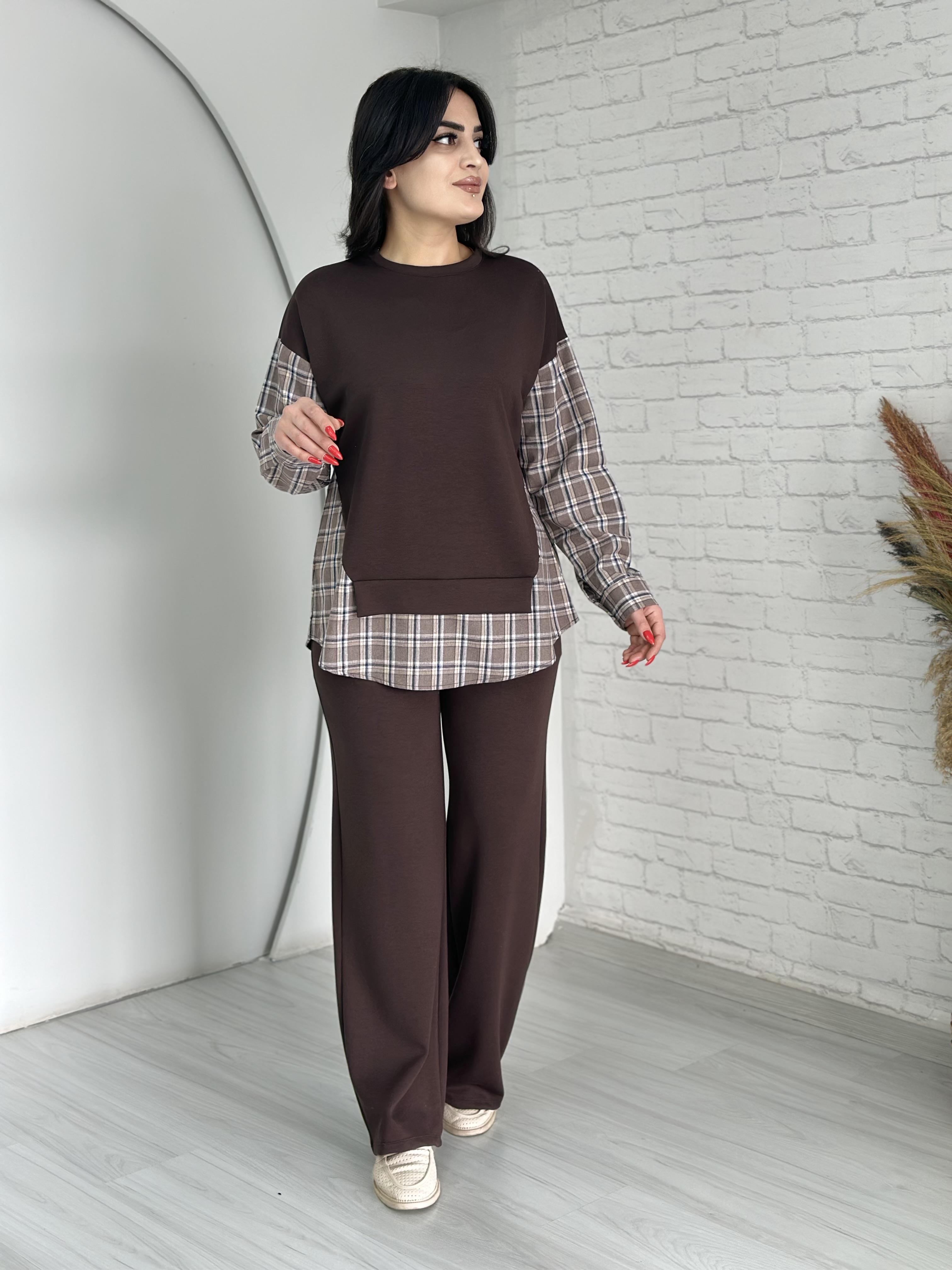 Snow Kahve Bisiklet Yaka Ekose Garnili İkili Modal Takım Z7778