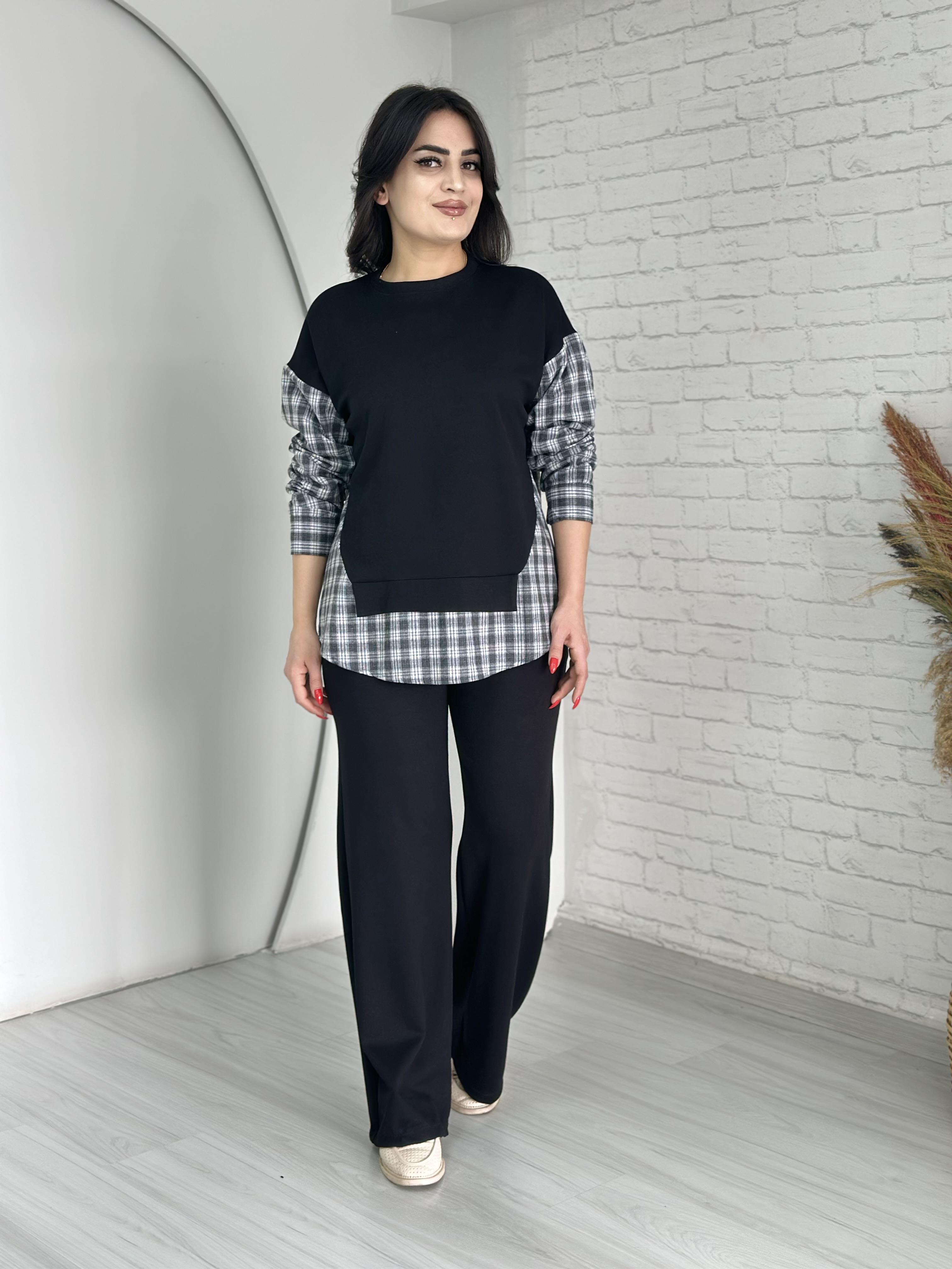 Snow Siyah Bisiklet Yaka Ekose Garnili İkili Modal Takım Z7778