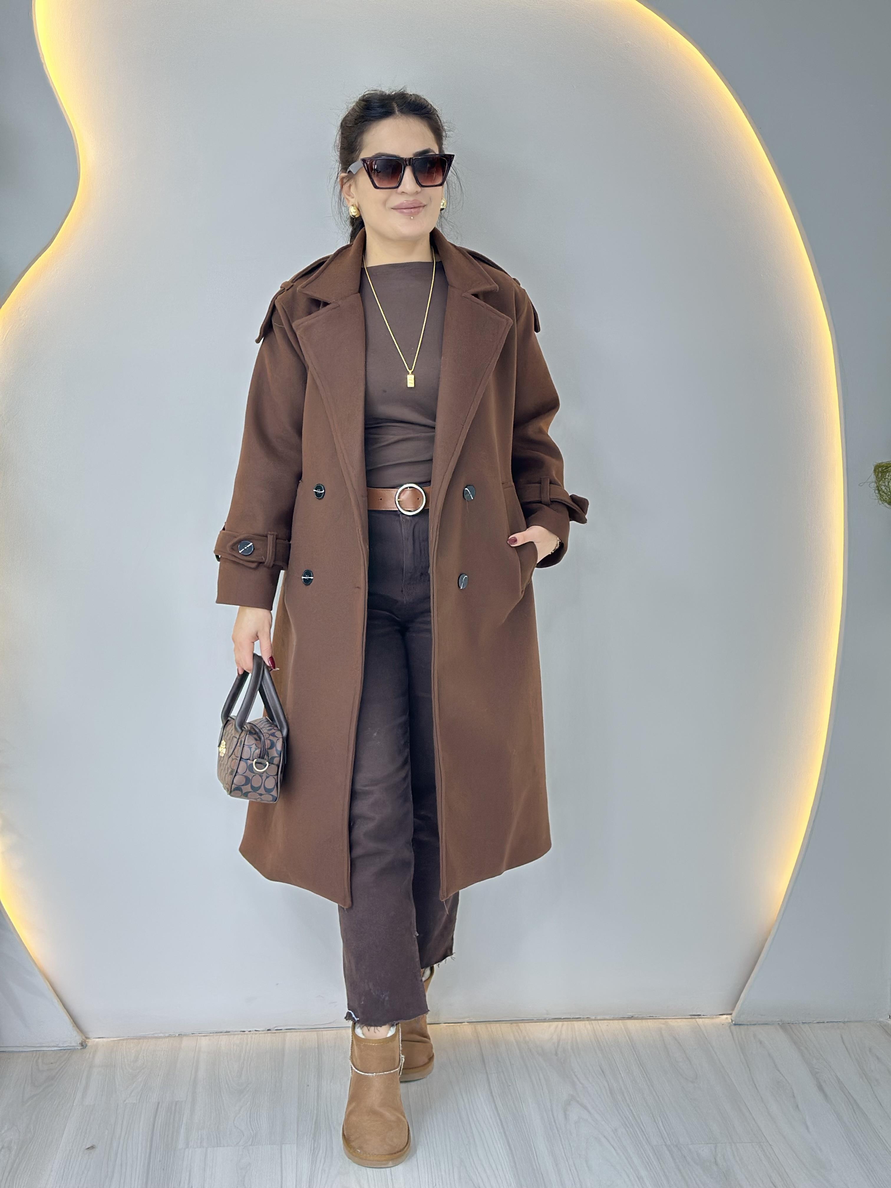 Snow Taba Çift Düğmeli Astarlı Apoletli Cepli Kaşe Kaban A633