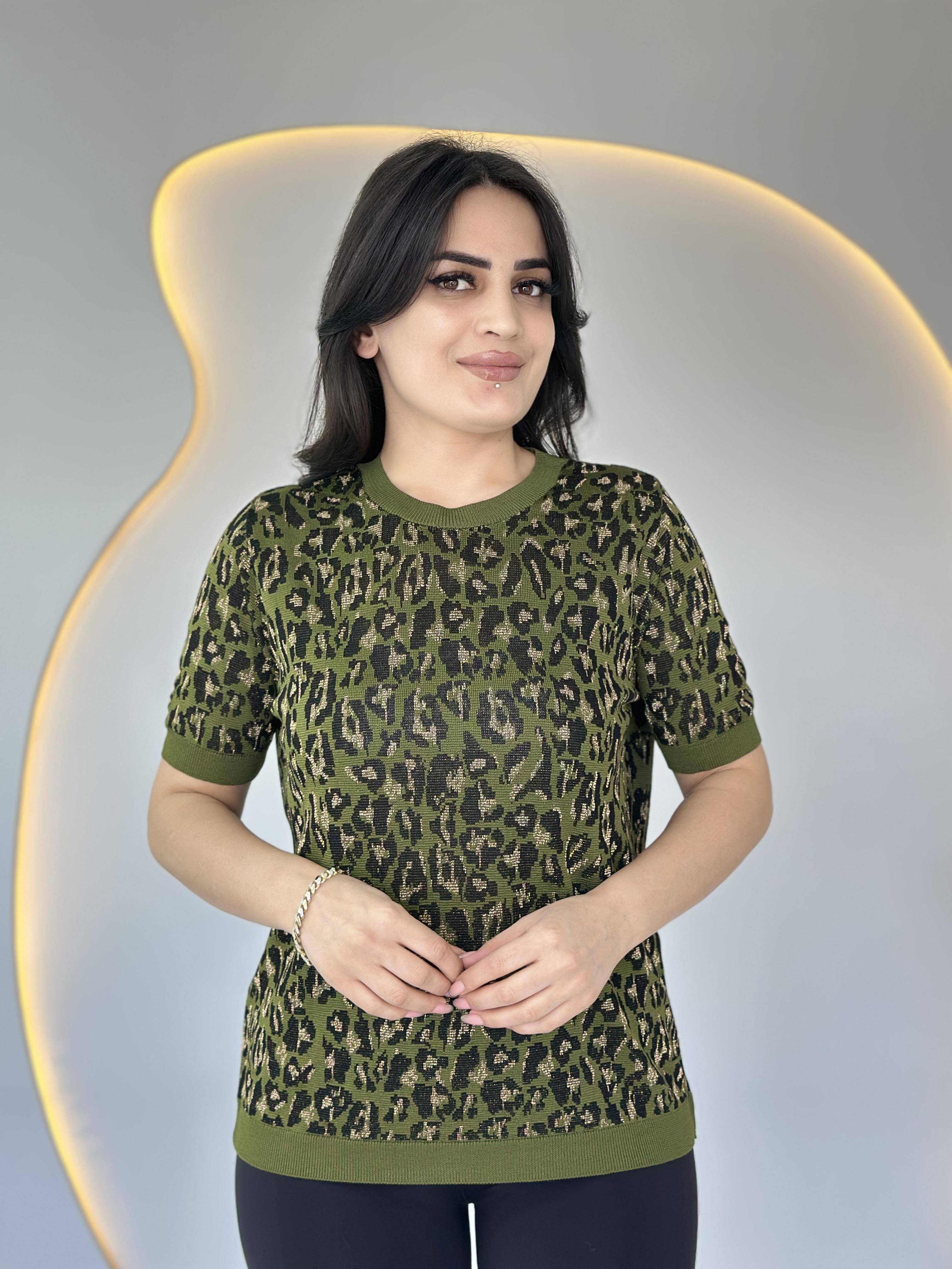 Soft Haki Leopar Bisiklet Yaka Kısa Kollu Bluz D018