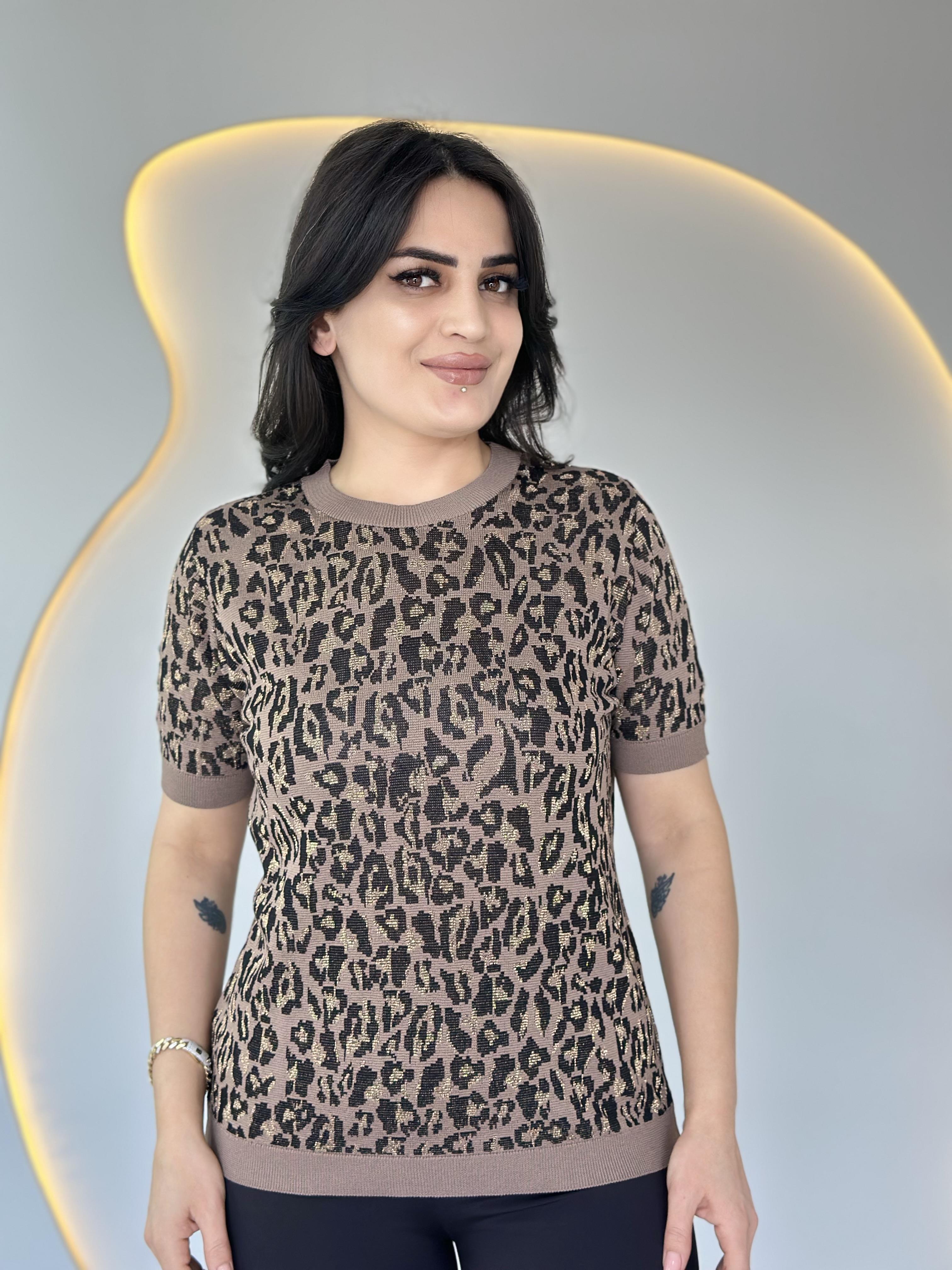 Soft Vizon Leopar Bisiklet Yaka Kısa Kollu Bluz D018 