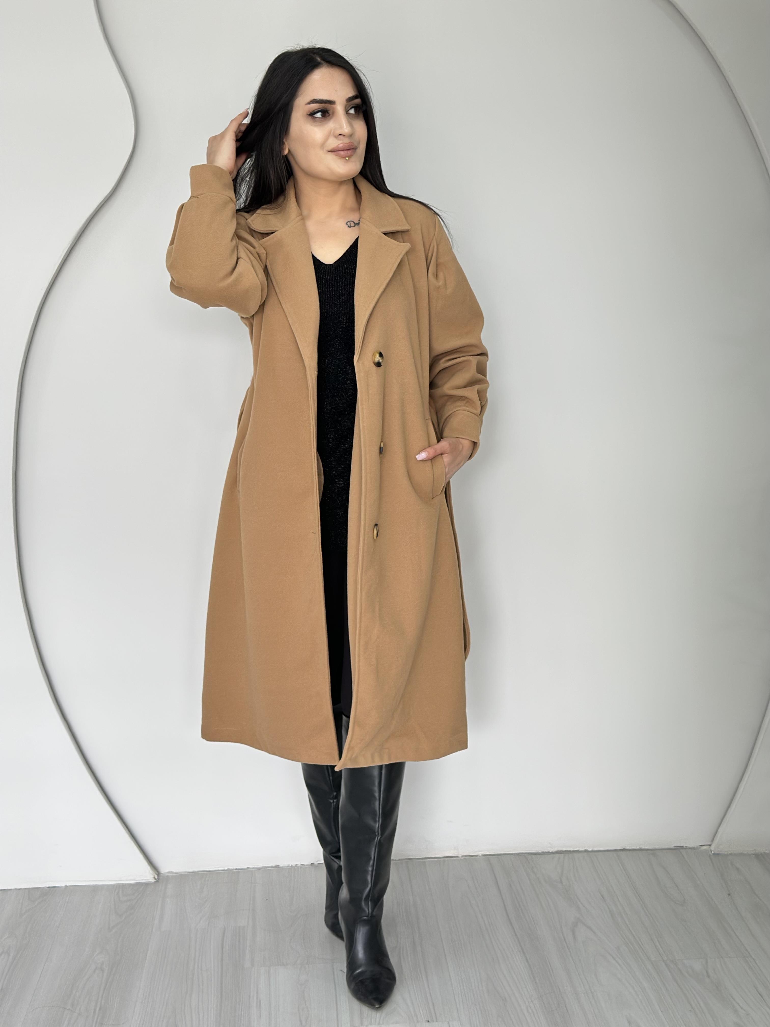 Soho Camel Kruvaze Kuşaklı Astralı Lüks Kalite Cepli Kaşe Kaban A112