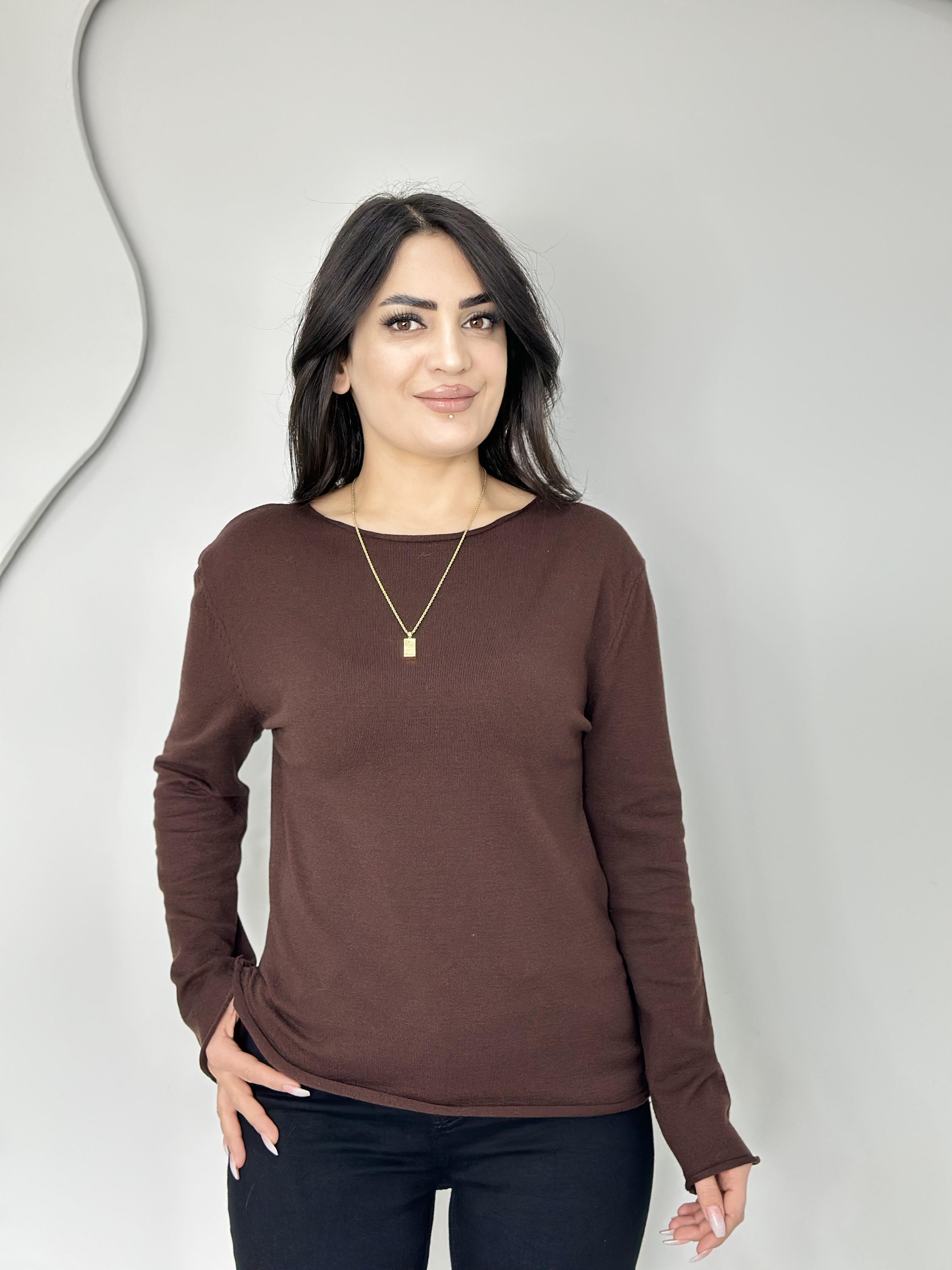 Soly Acı Kahve Kayık Yaka Orj Marka Merserize Triko Bluz A7474