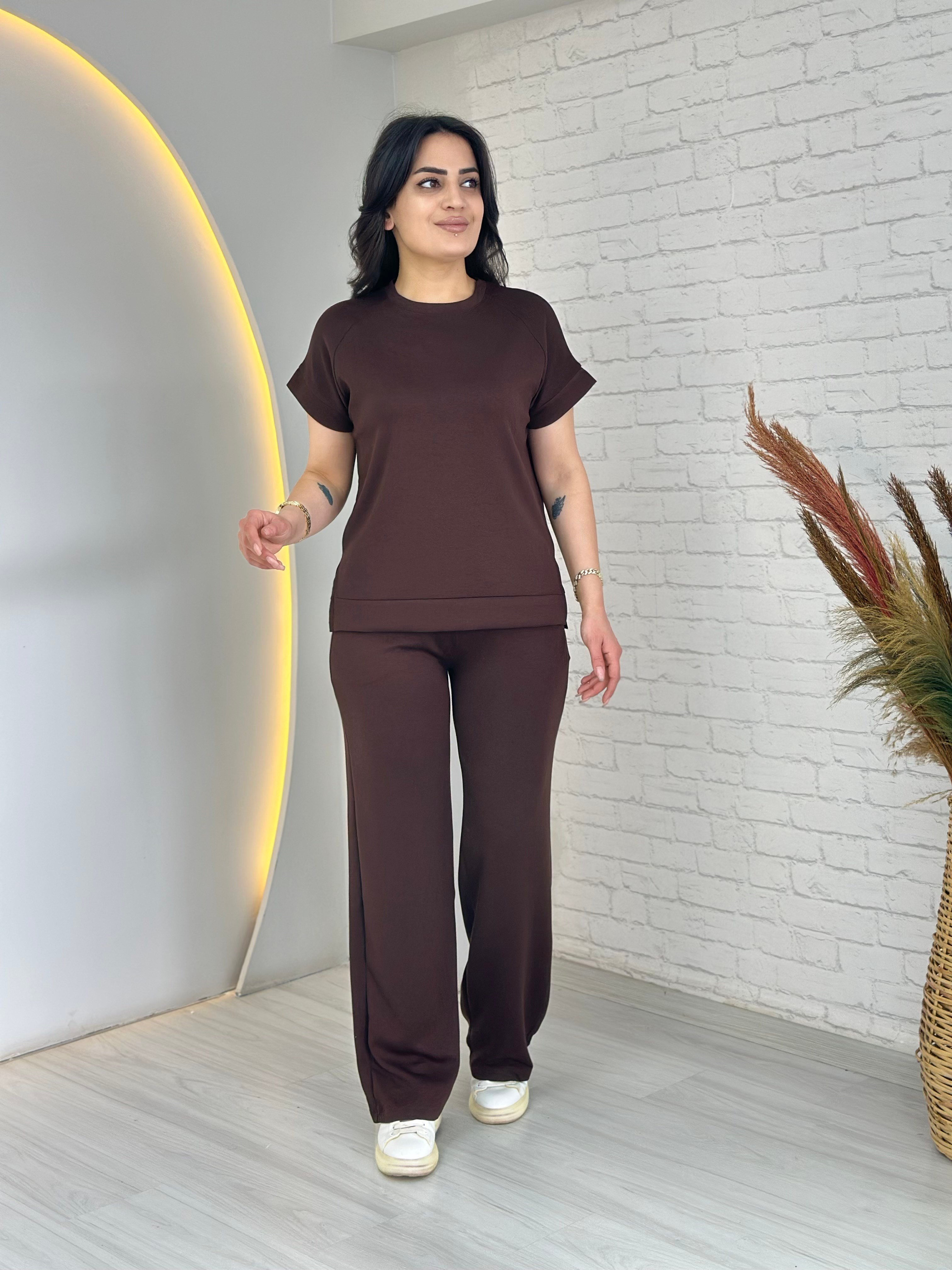 Soni Acı Kahve Bisiklet Yaka Kısa Kollu Bol Paça Cepli İkili Takım D066