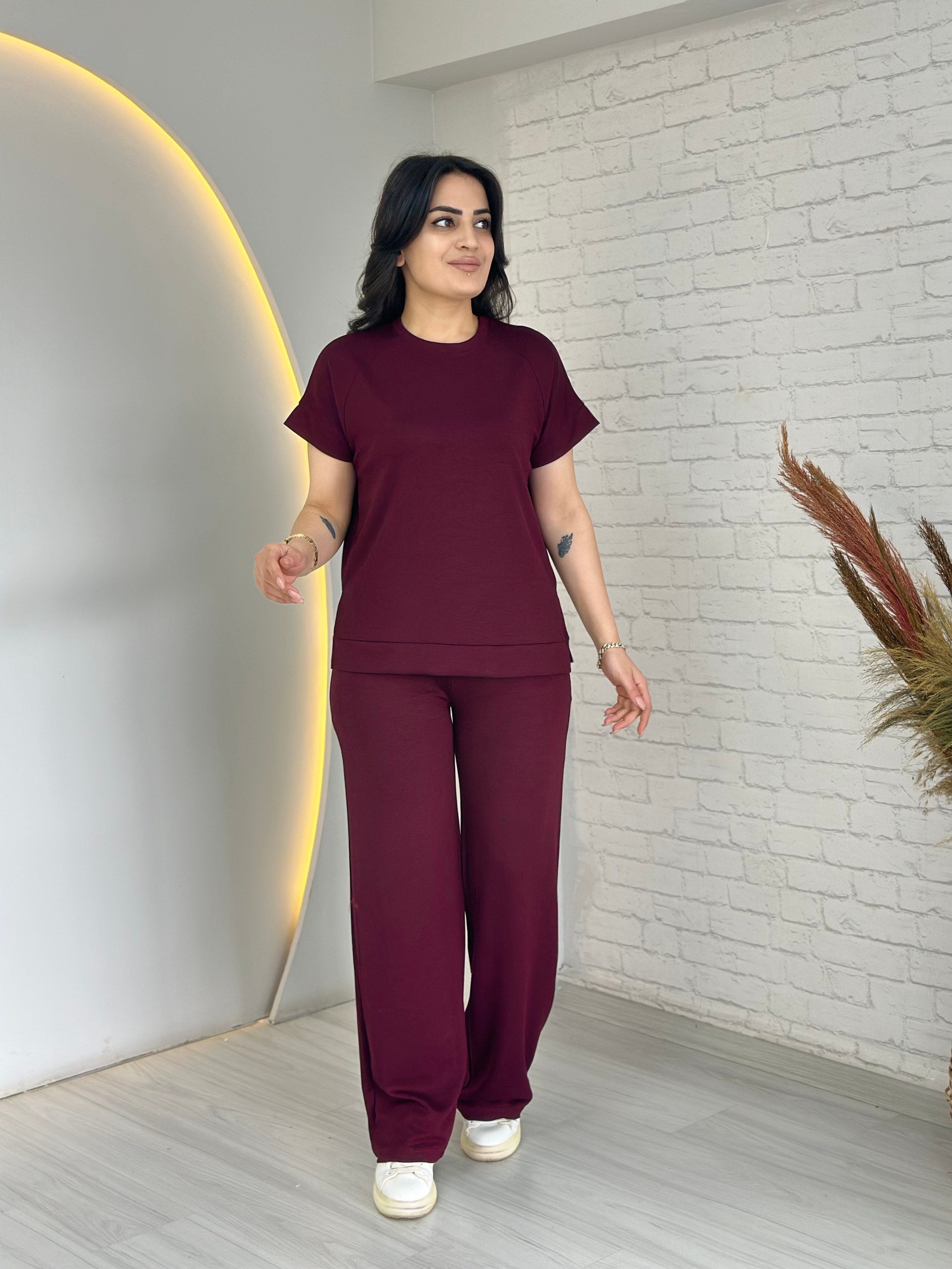 Soni Bordo Bisiklet Yaka Kısa Kollu Bol Paça Cepli İkili Takım D066