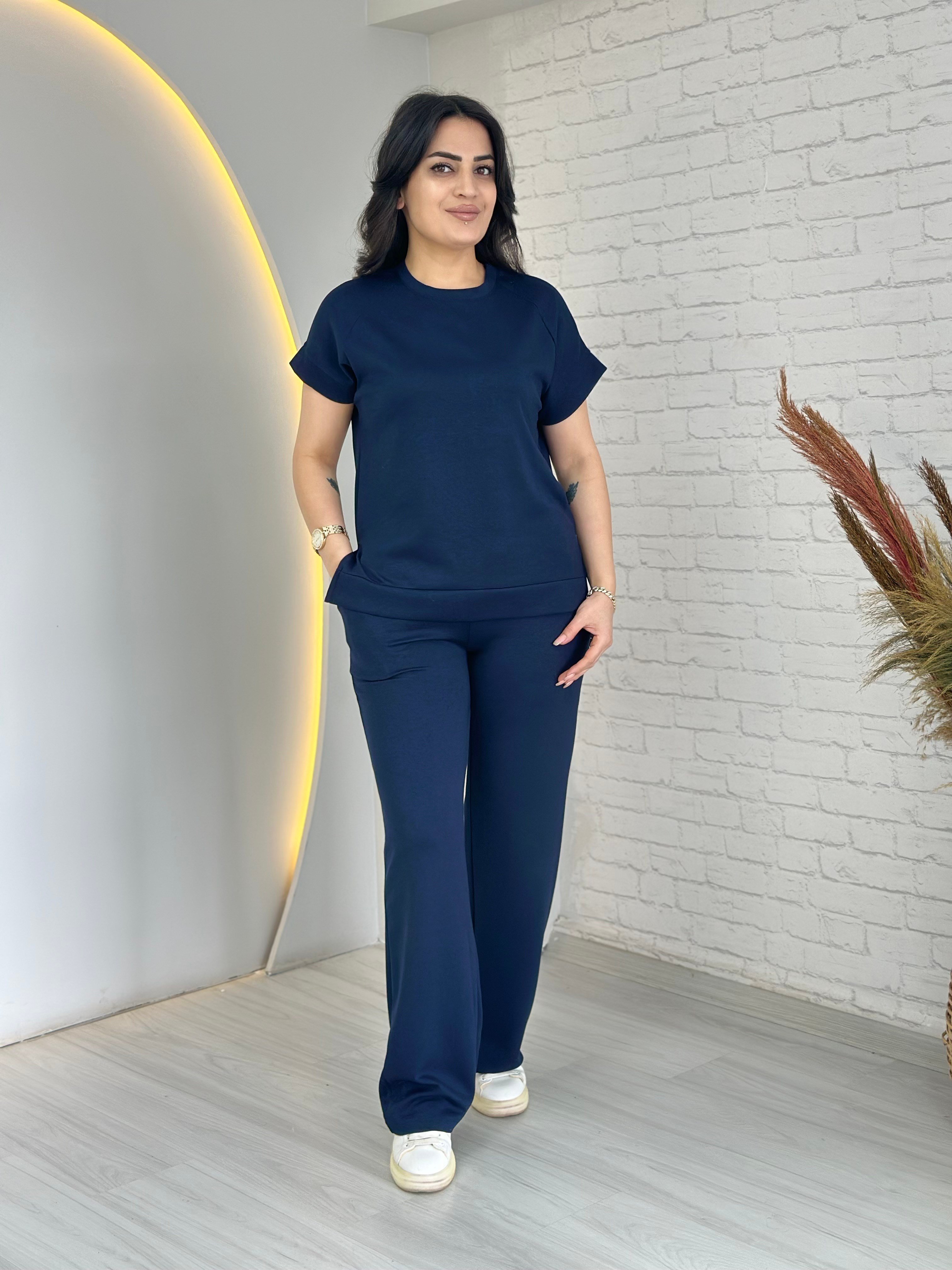 Soni Lacivert Bisiklet Yaka Kısa Kollu Bol Paça Cepli İkili Takım D066