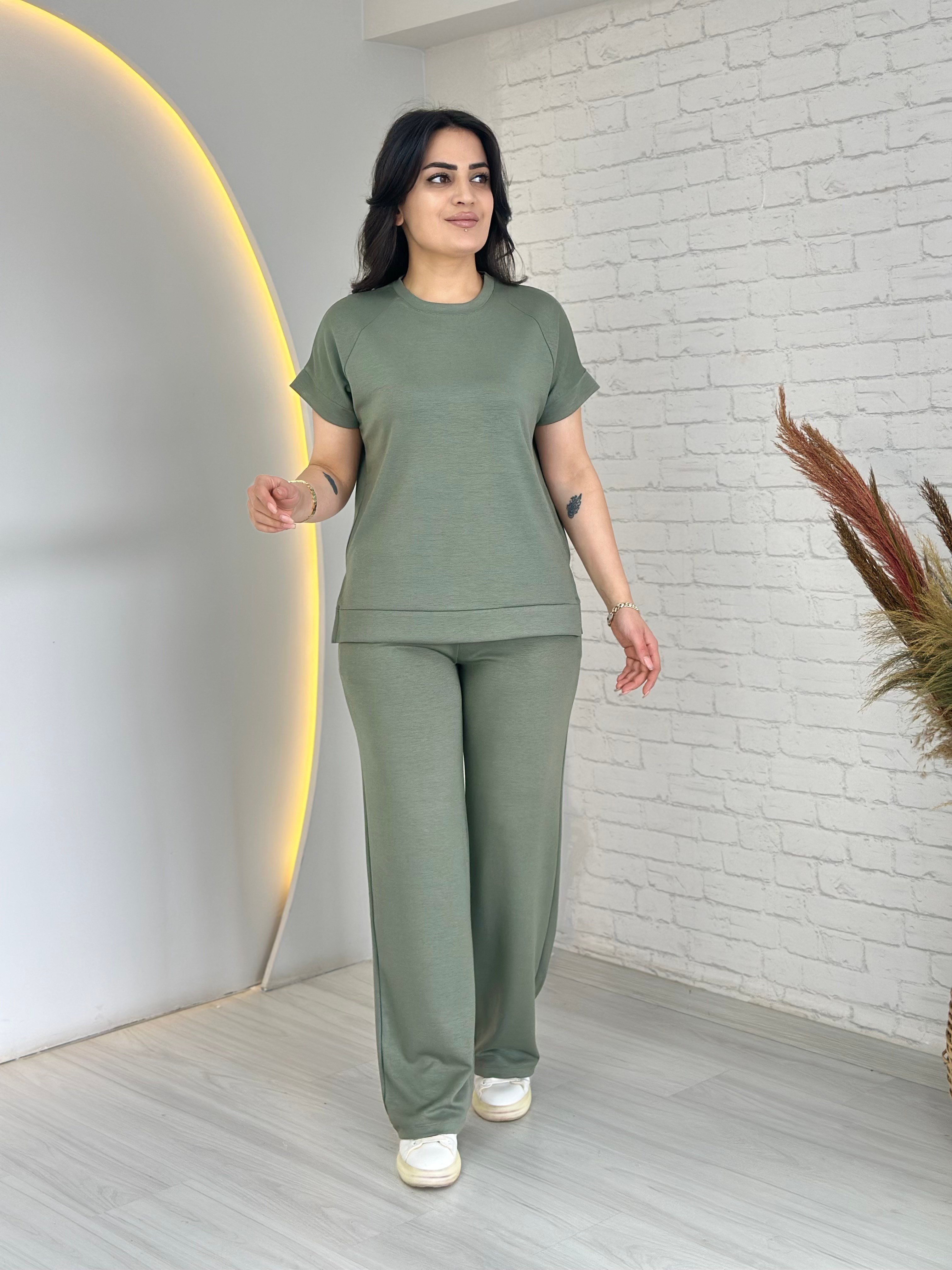 Soni Mint Yeşili Bisiklet Yaka Kısa Kollu Bol Paça Cepli İkili Takım D066