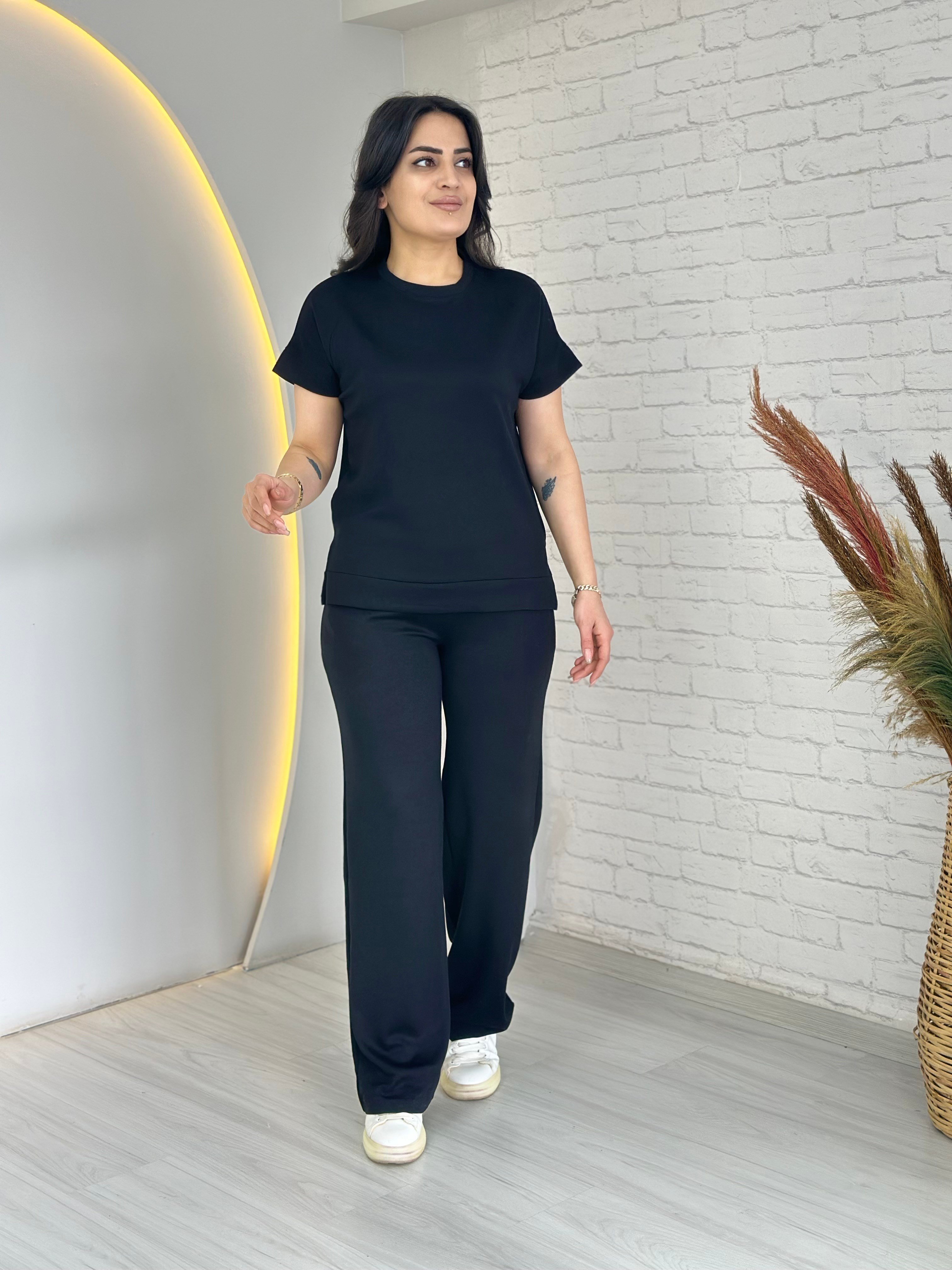 Soni Siyah Bisiklet Yaka Kısa Kollu Bol Paça Cepli İkili Takım D066