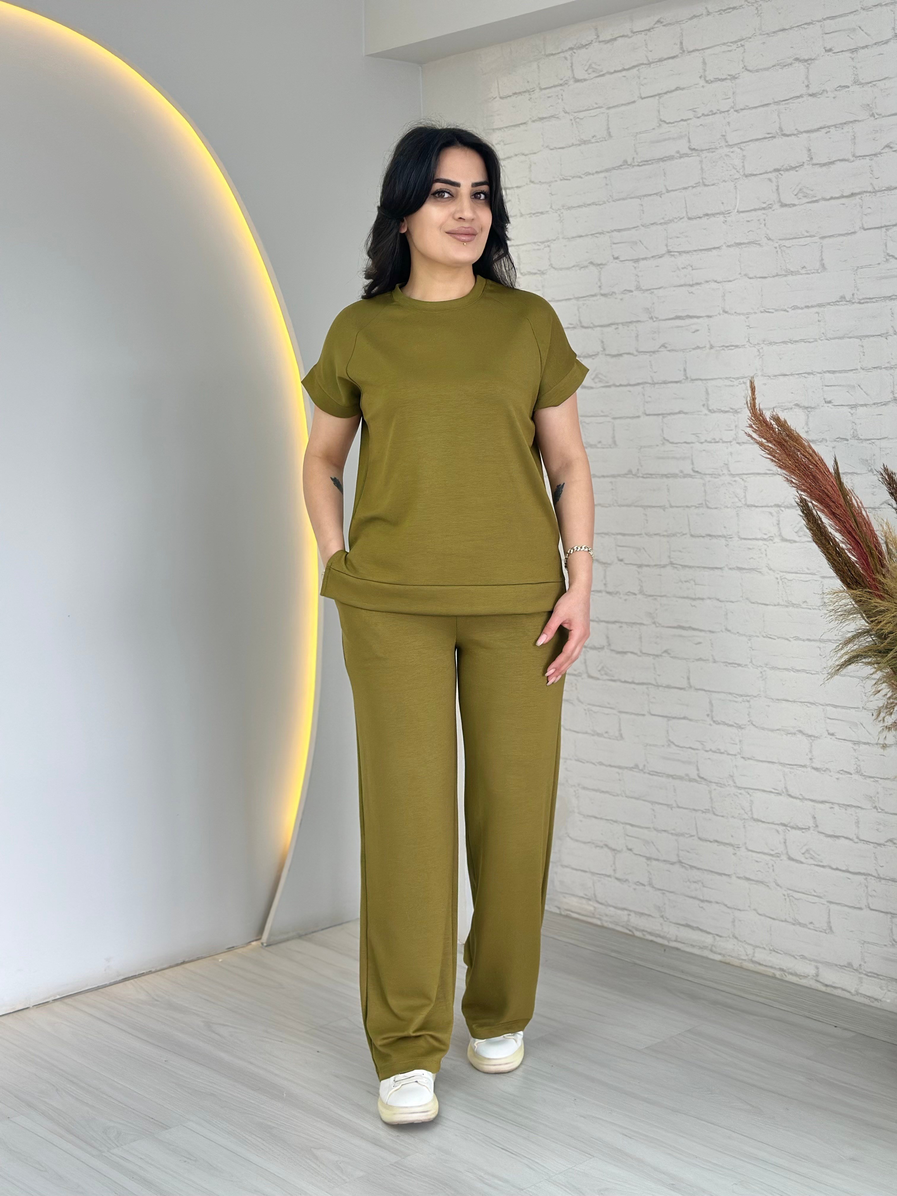 Soni Yağ Yeşili Bisiklet Yaka Kısa Kollu Bol Paça Cepli İkili Takım D066