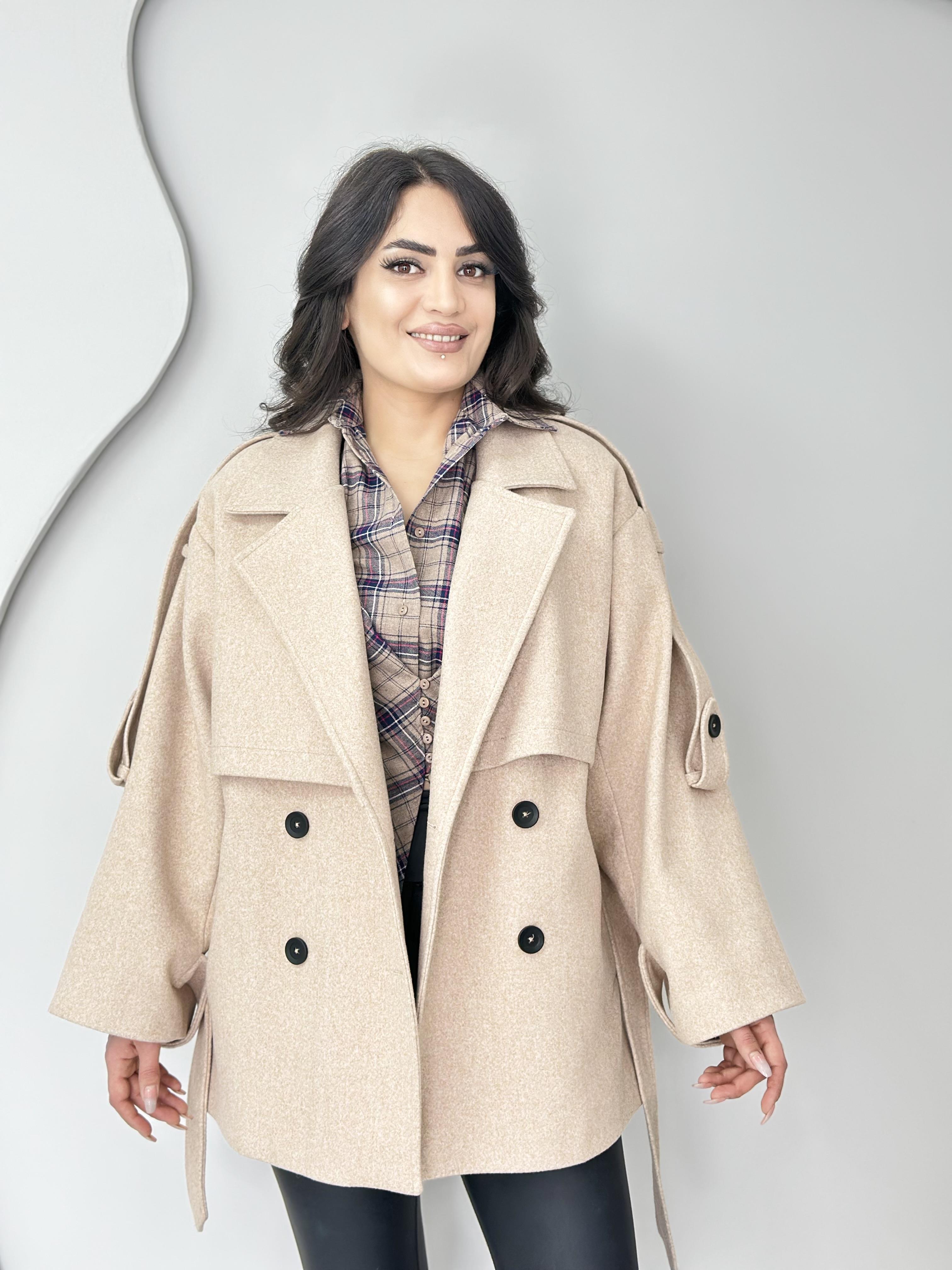 Sora Bej Kruvaze Yaka Cepli Kuşaklı Premium Kalite Astarlı Kaban C1111