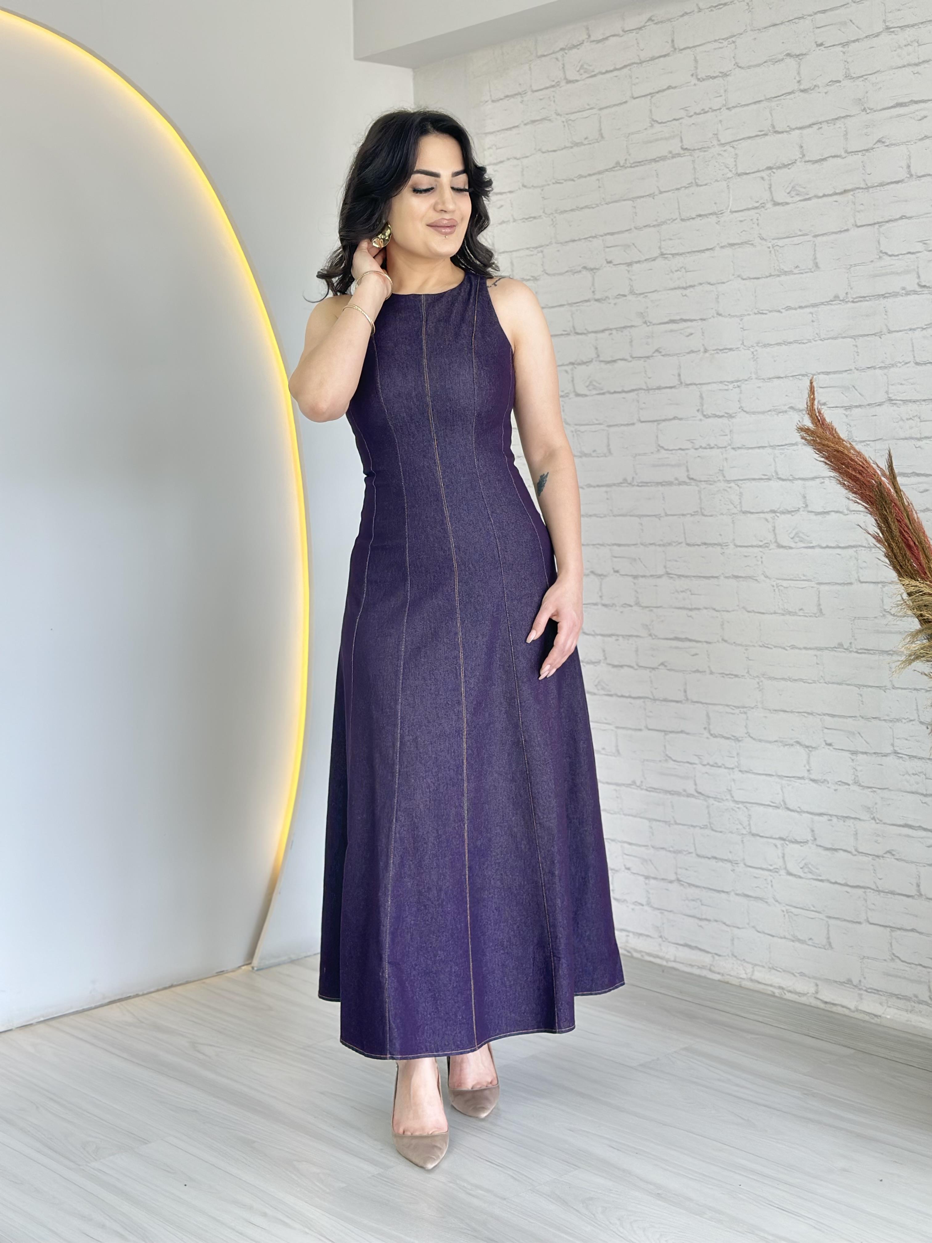 Stella Mor Eskitme Biye Dikişli Belden Oturmalı Halter Yaka Denim Elbise D047