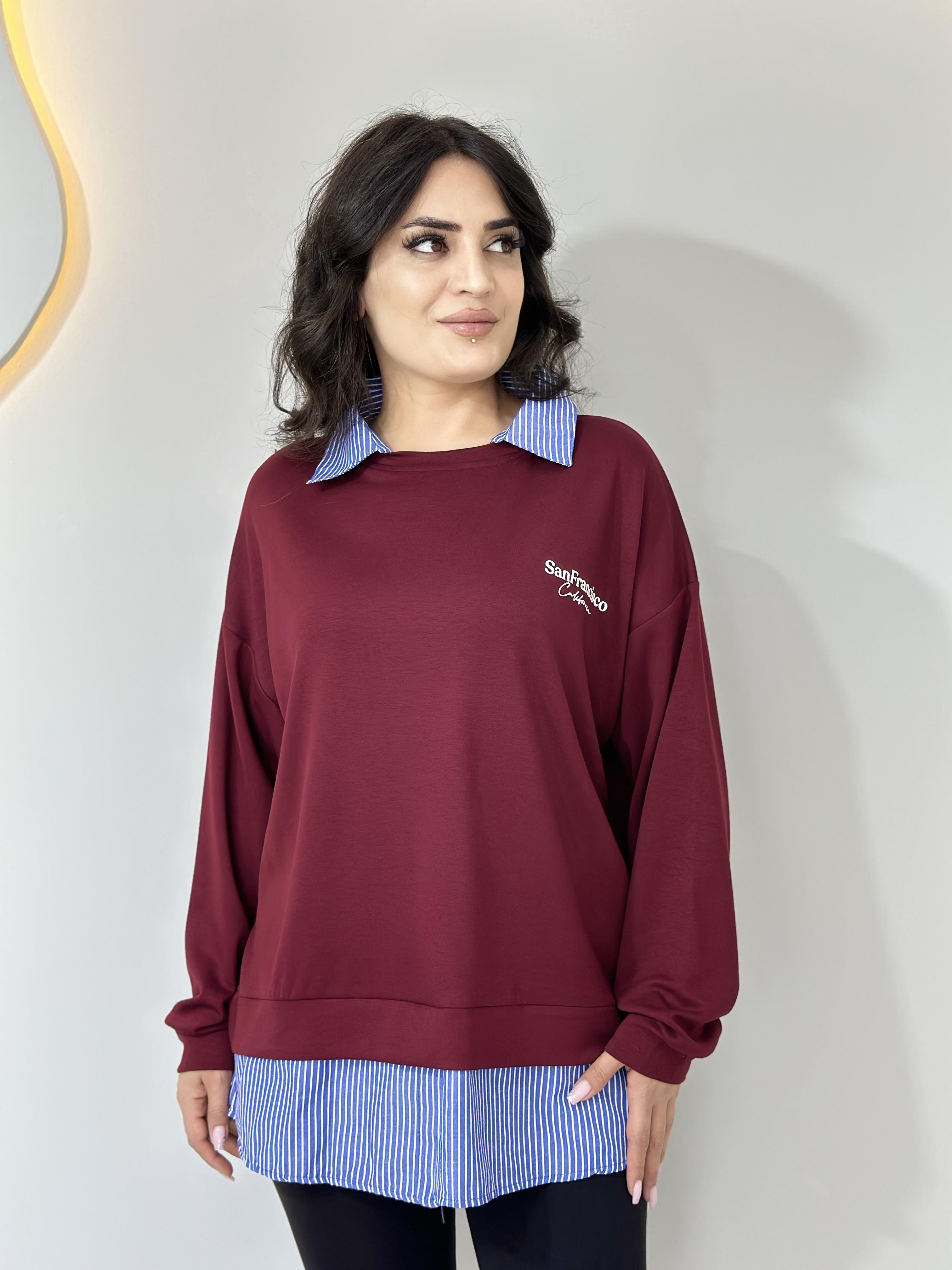 Süma Bordo Modal Garnilli Nakışlı Tasarım Sweatshirt  A0873