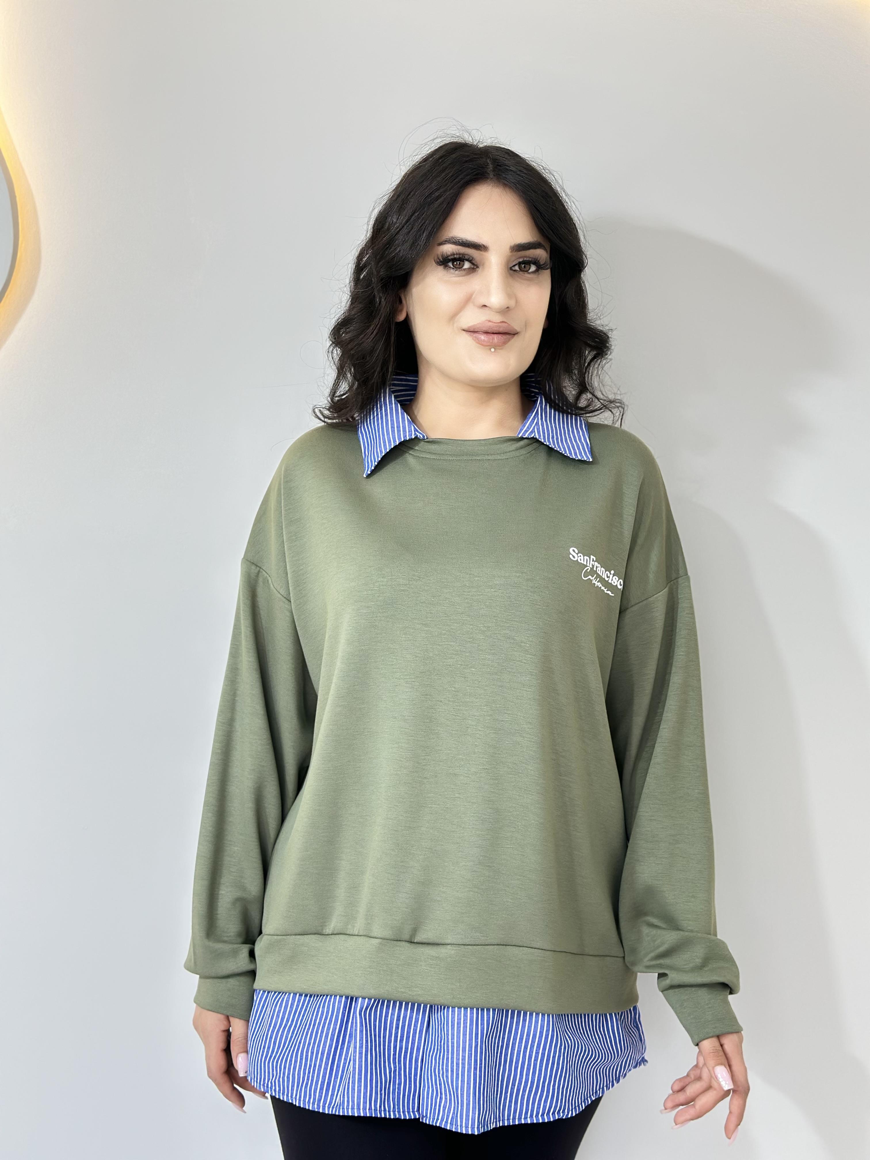 Süma Haki Modal Garnilli Nakışlı Tasarım Sweatshirt A038