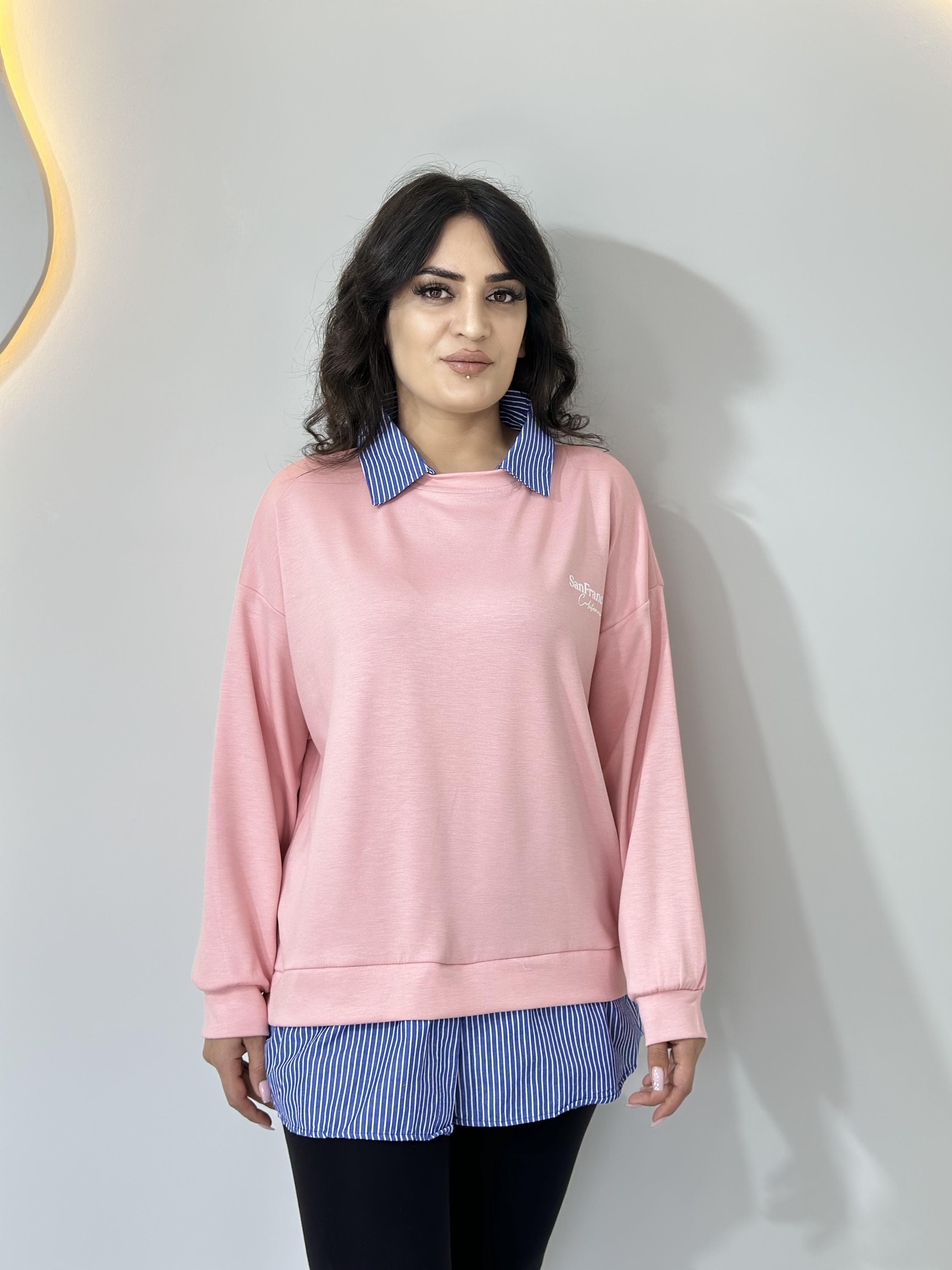Süma Pembe Modal Garnilli Nakışlı Tasarım Sweatshirt A071