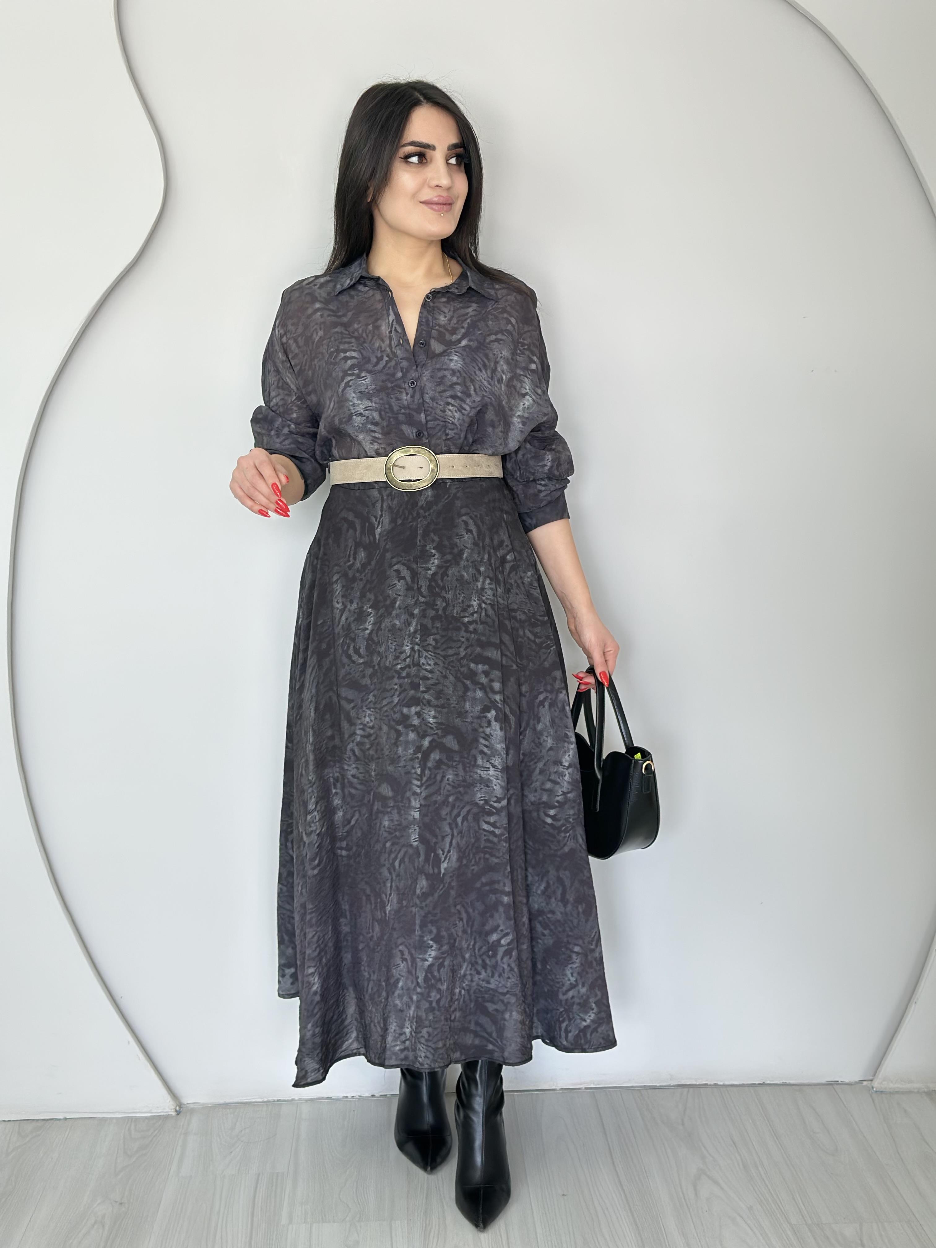 Sune Antrasit Batik Desenli Organik Kumaş Astarlı Gömlek Etek Takım O5018