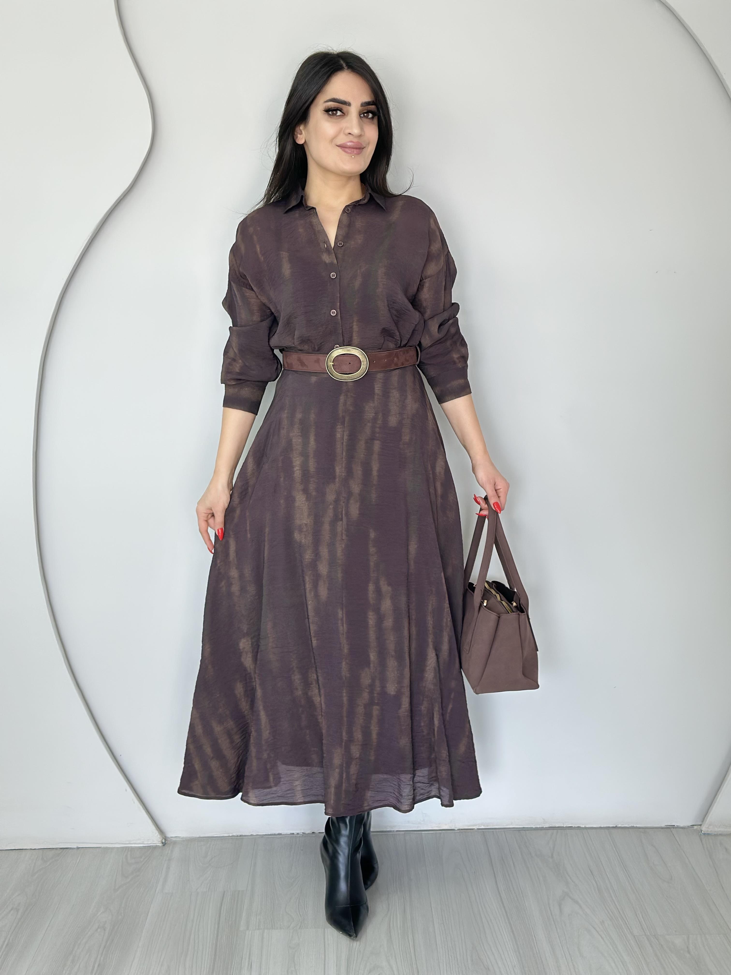 Sune Kahve Batik Desenli Organik Kumaş Astarlı Gömlek Etek Takım O5018