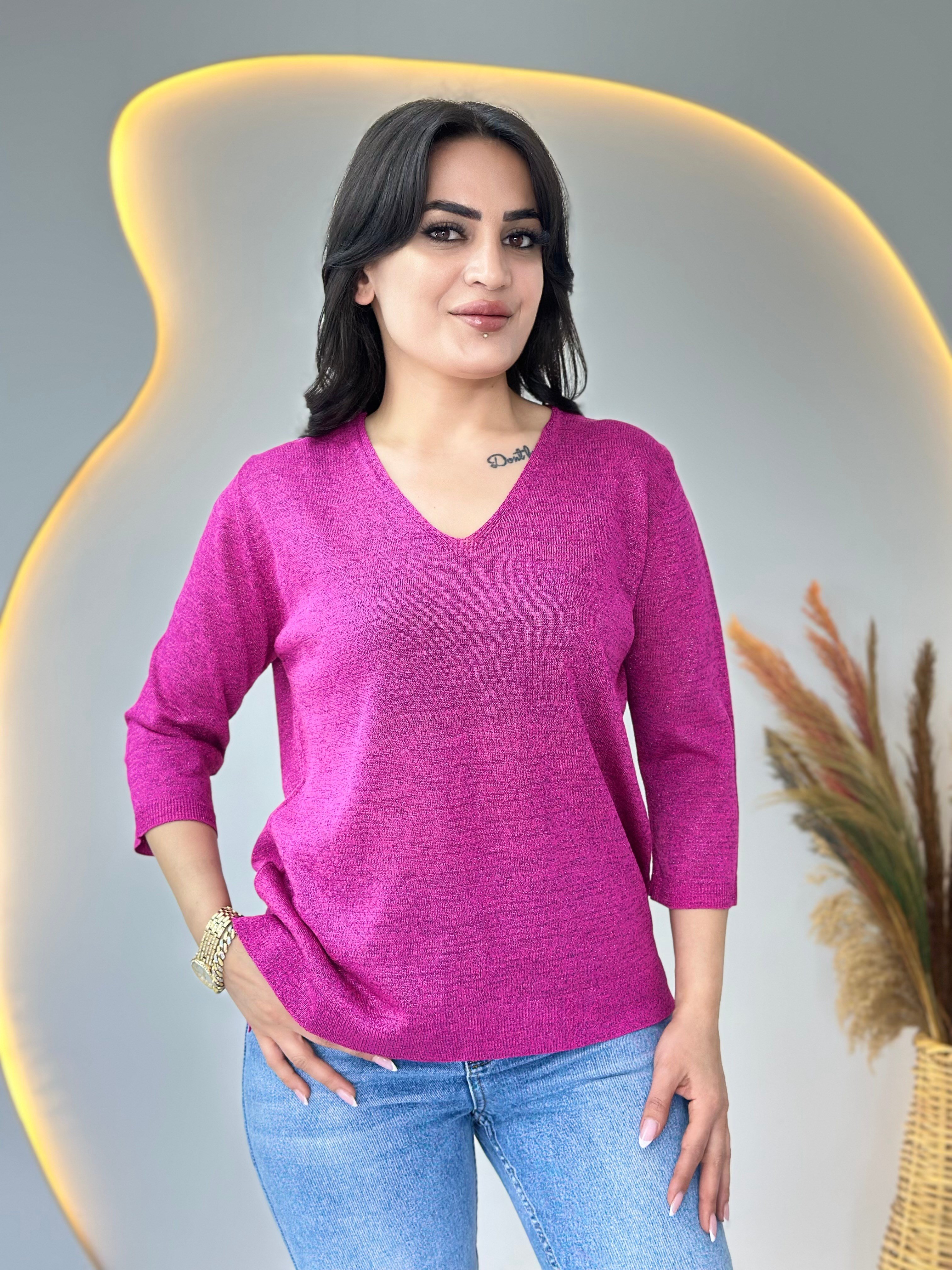Suzy Fuşya V Yaka Sim İşlemeli Merserize Bluz D116
