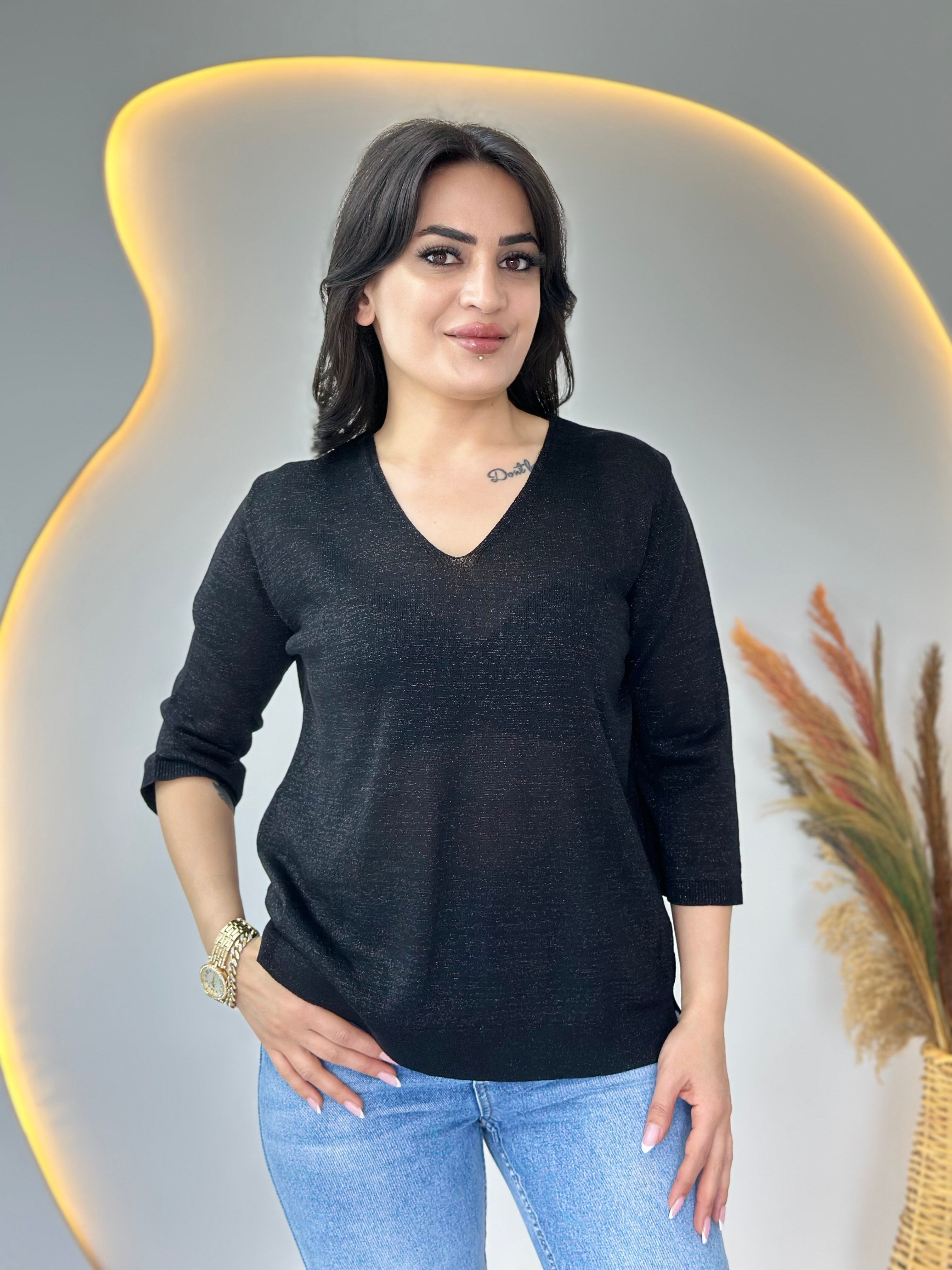 Suzy Siyah V Yaka Sim İşlemeli Merserize Bluz D116