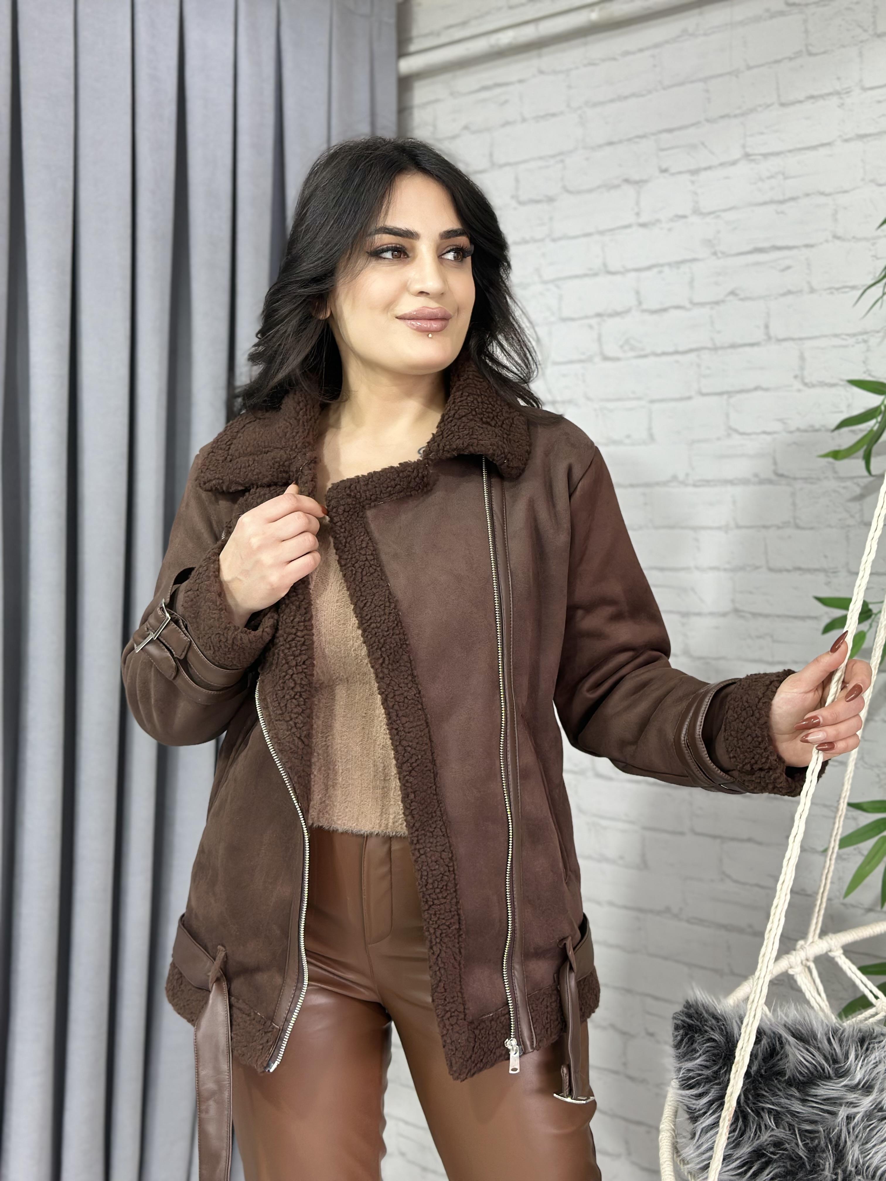 Taba Süet İçi Kürklü Çift Kemer Detaylı Biker  Mont