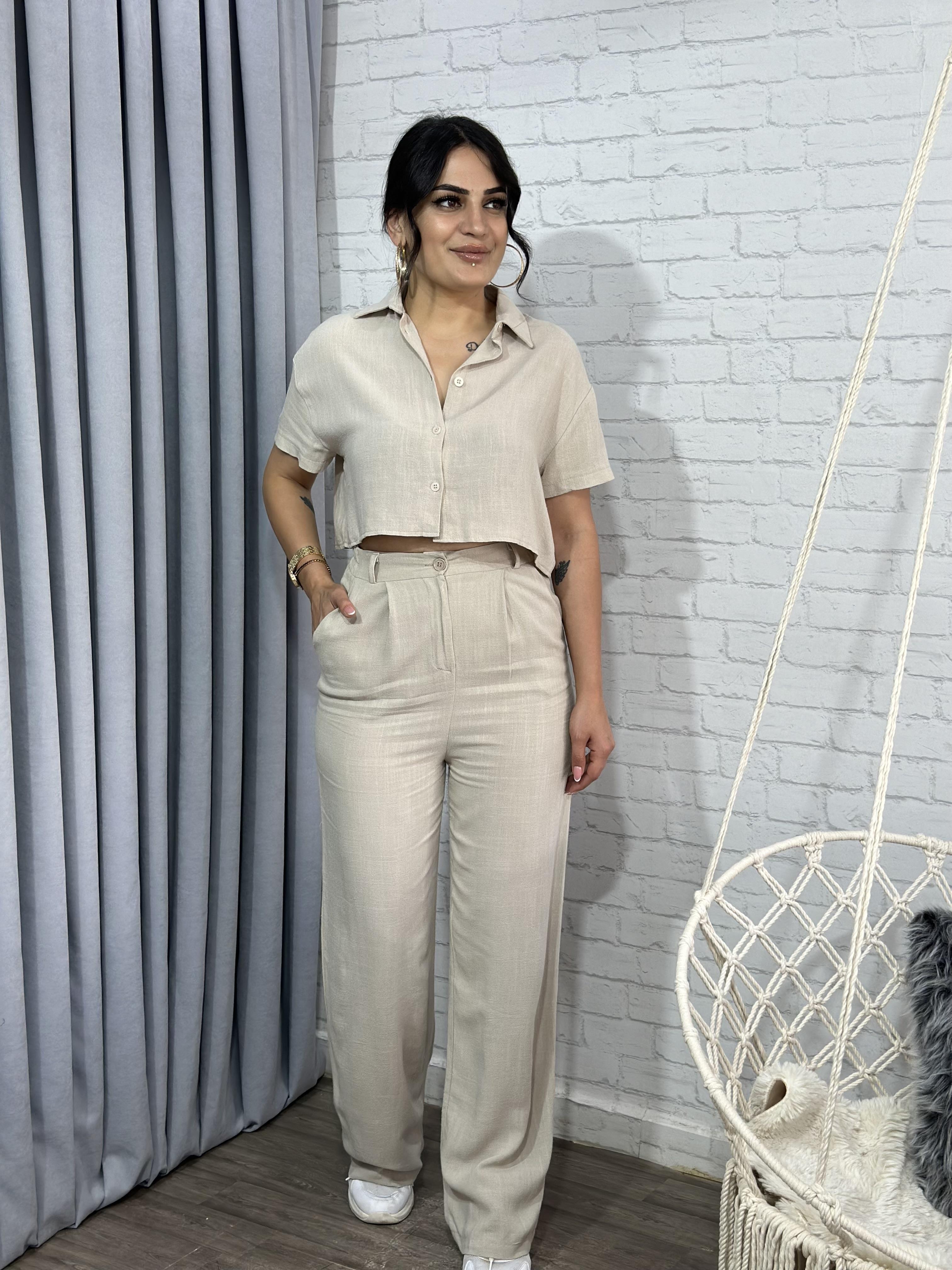 Taş Keten Kumaş Belden Lastikli Palazzo Pantolon 