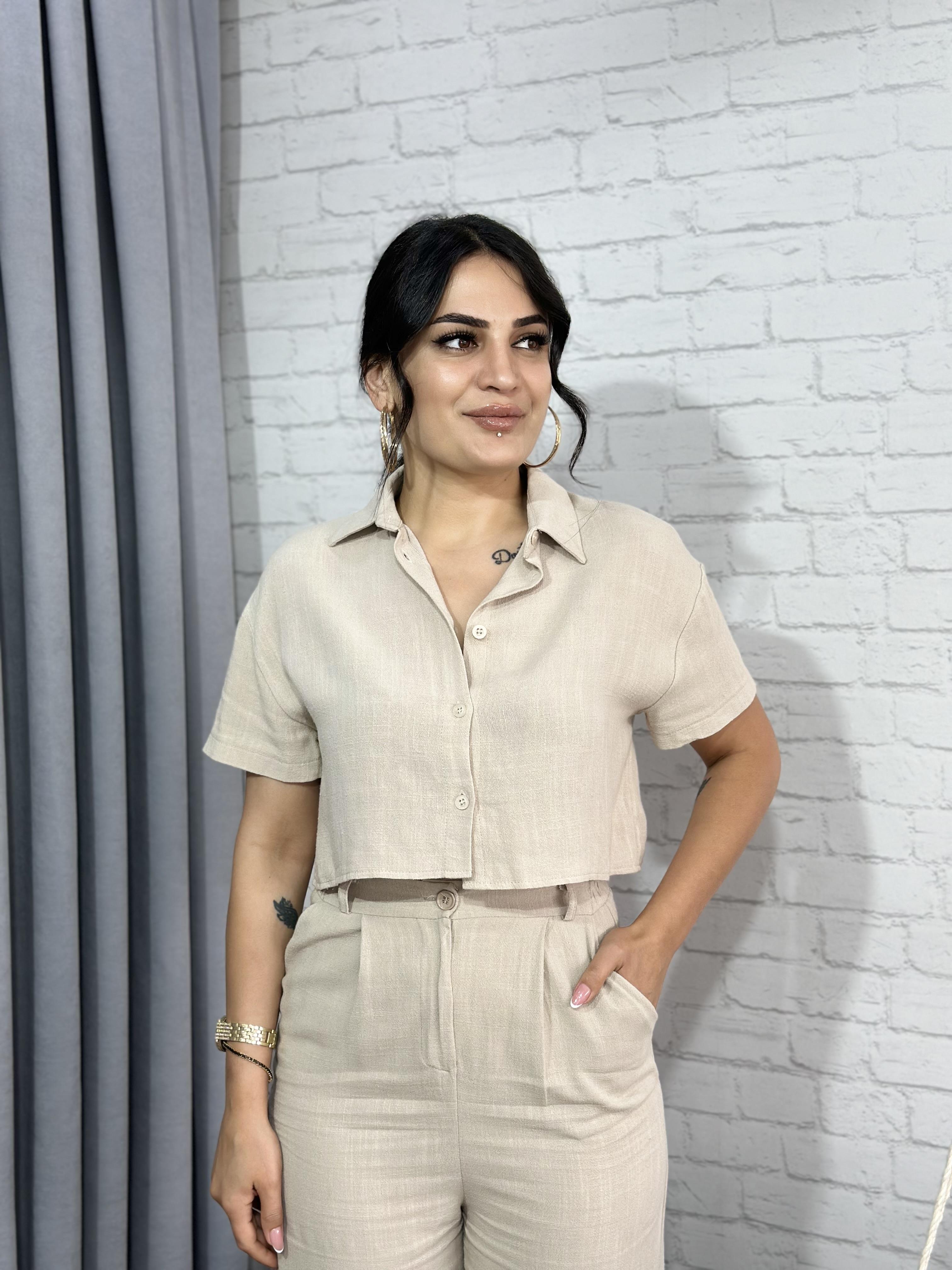 Taş Keten Kumaş Crop Gömlek 