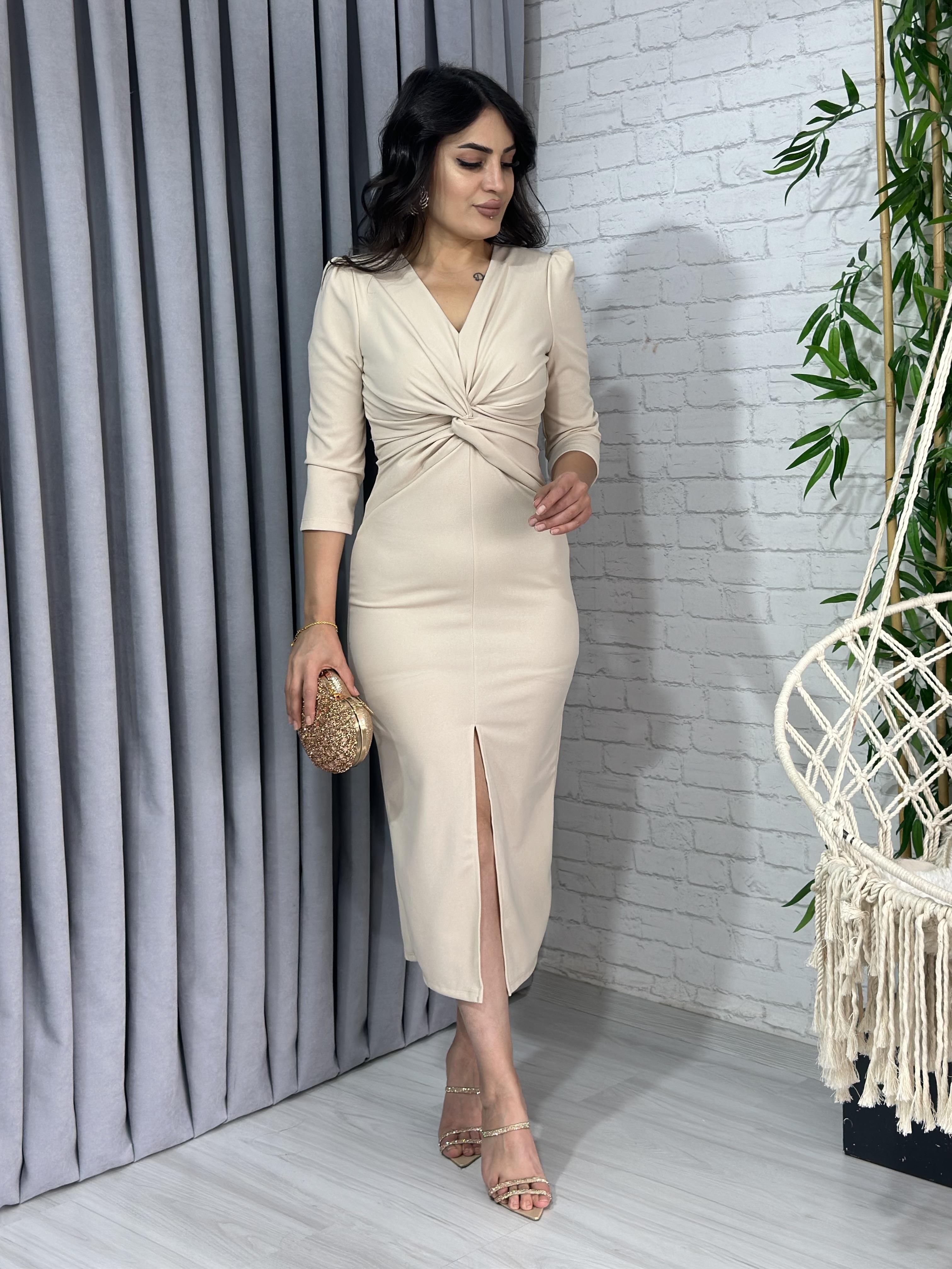 Taş Krep Kumaş Önü Düğüm Modeli Yırtmaçlı Elbise