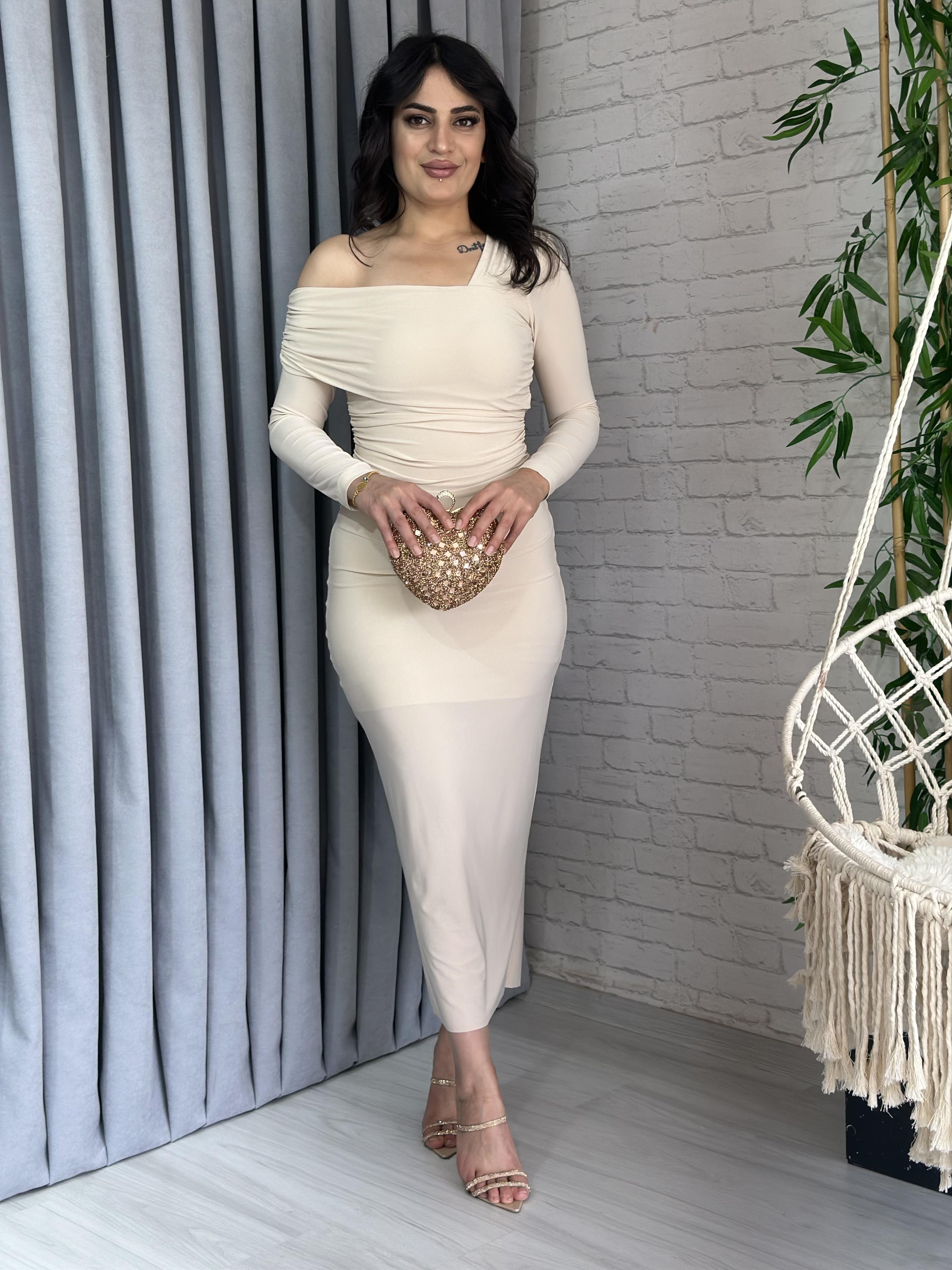 Taş Sandy Kumaş Tek Omuz Astarlı Elbise