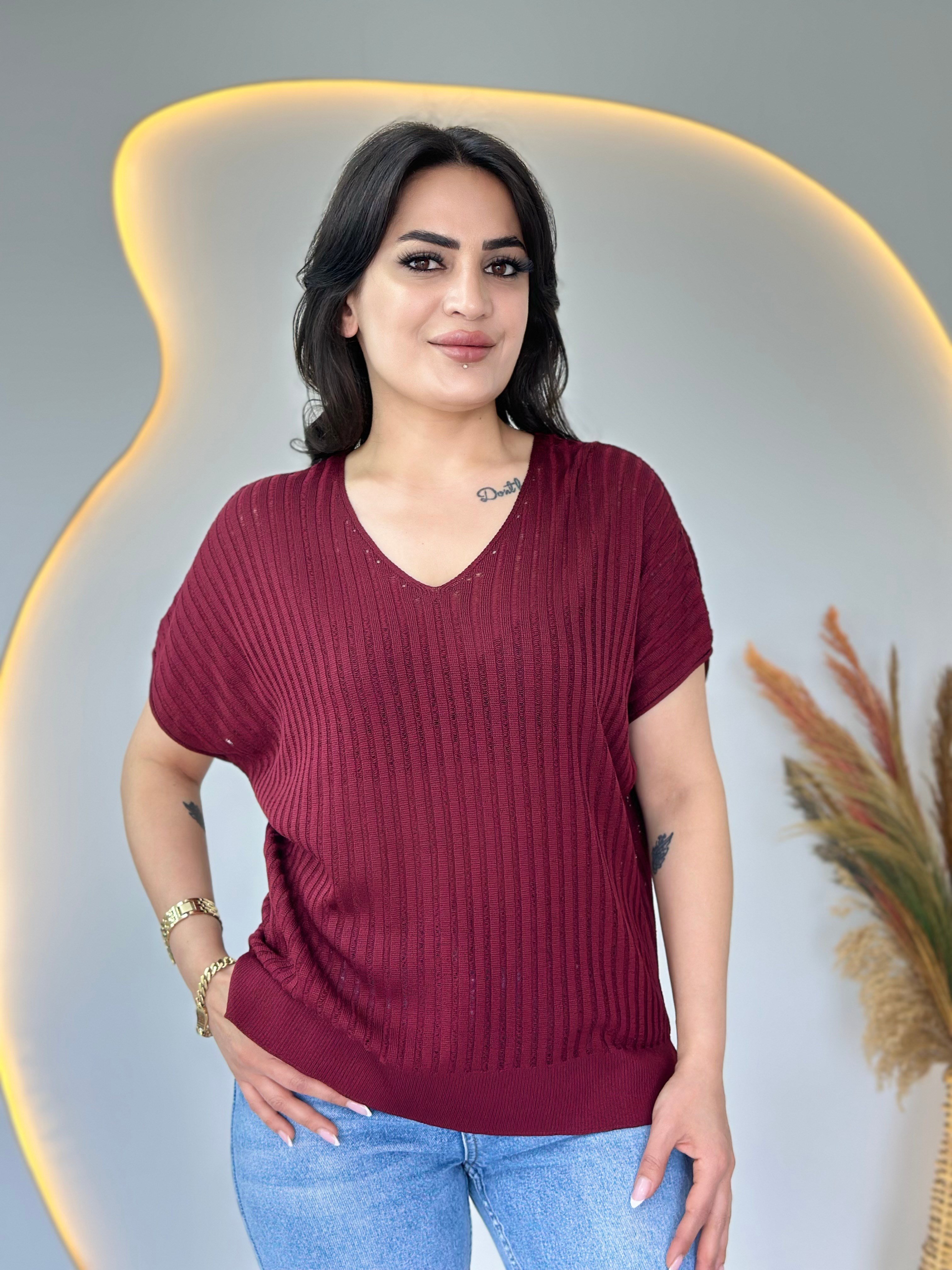 Tista Bordo V Yaka Düşük Omuz Fileli Merserize Bluz D114
