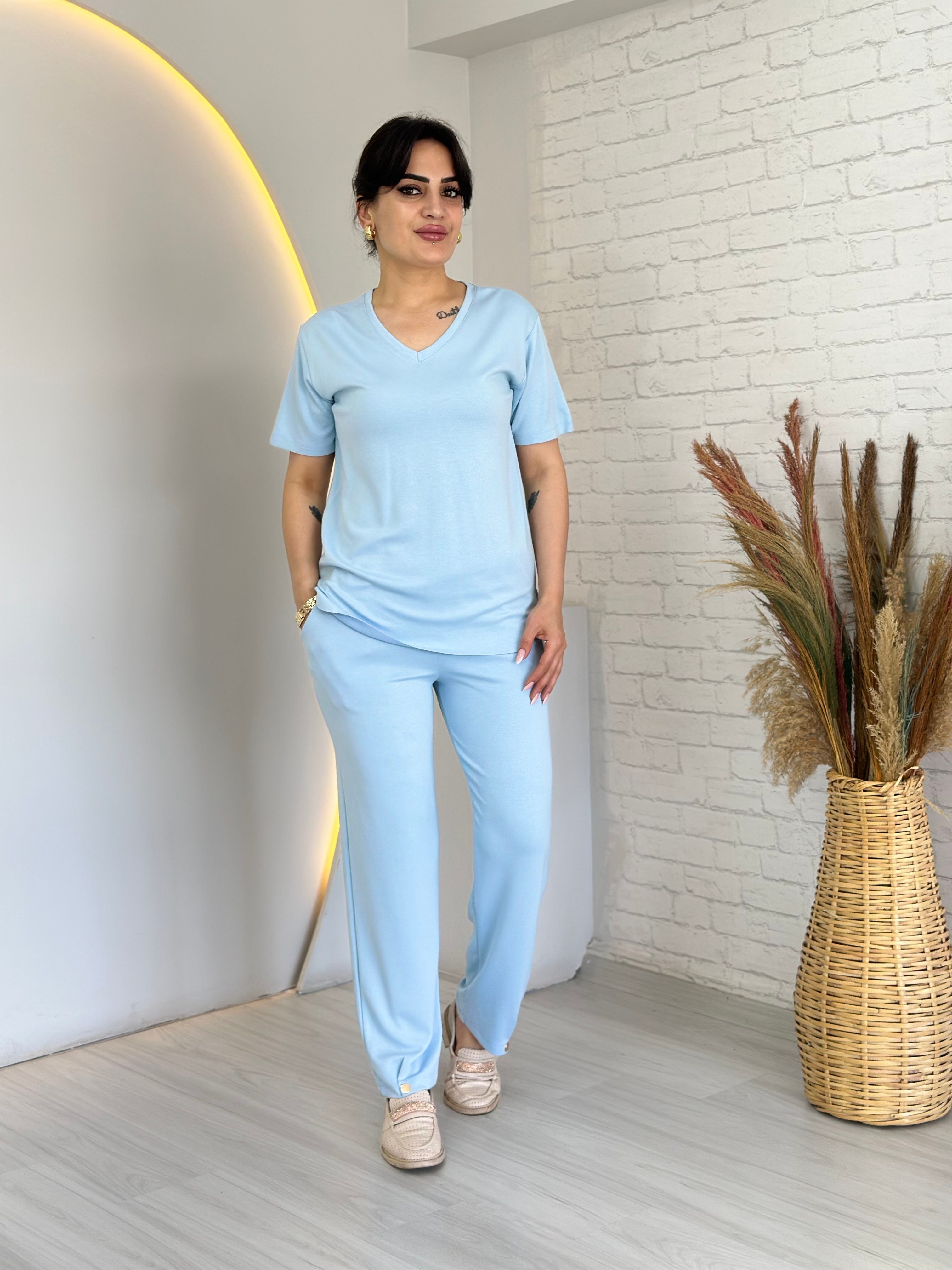 Tofi Bebe Mavi V Yaka İpek Modal Kumaş Kolu Paçası Çıtçıtlı Takım D133