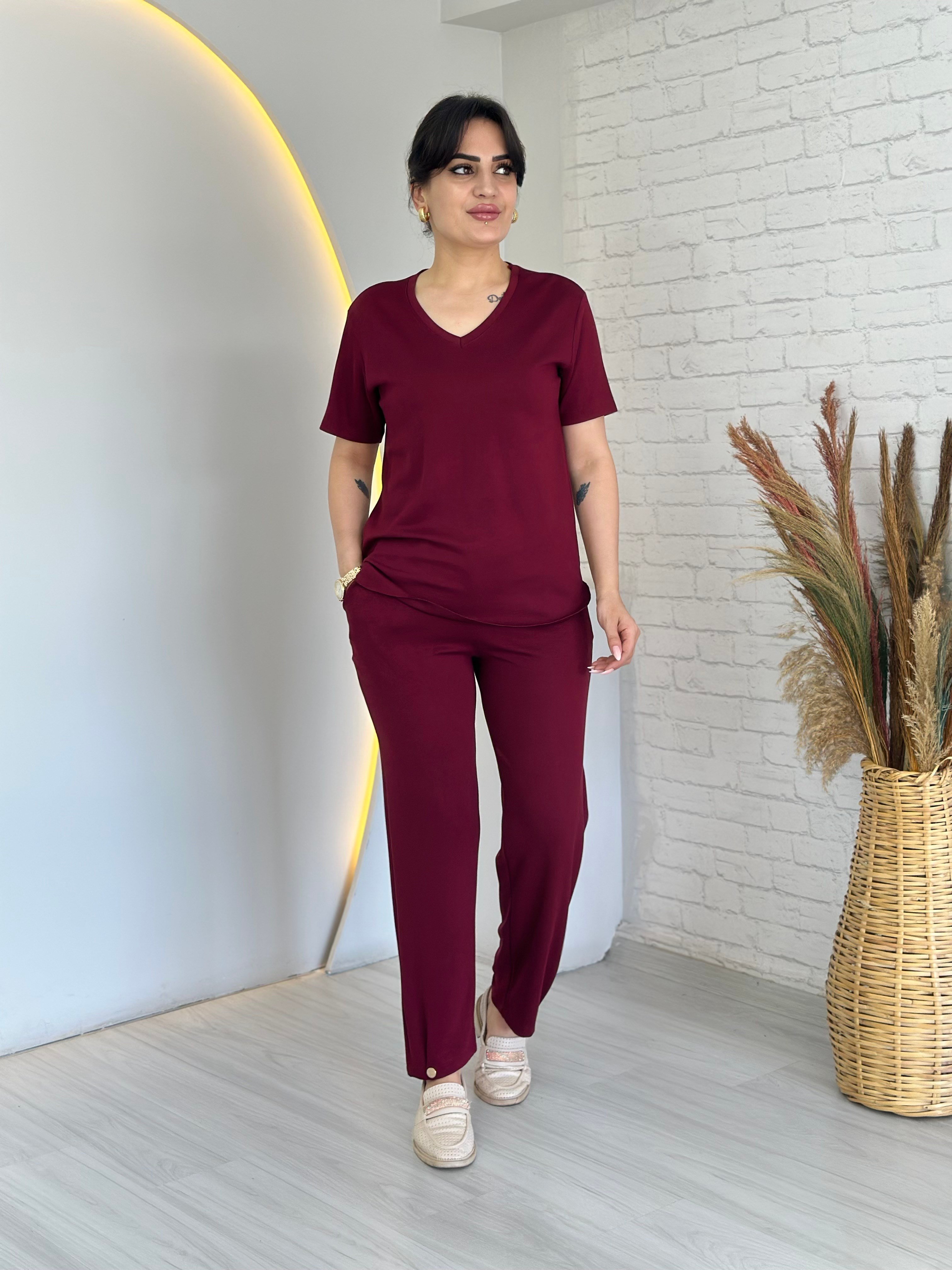 Tofi Bordo V Yaka İpek Modal Kumaş Kolu Paçası Çıtçıtlı Takım D133