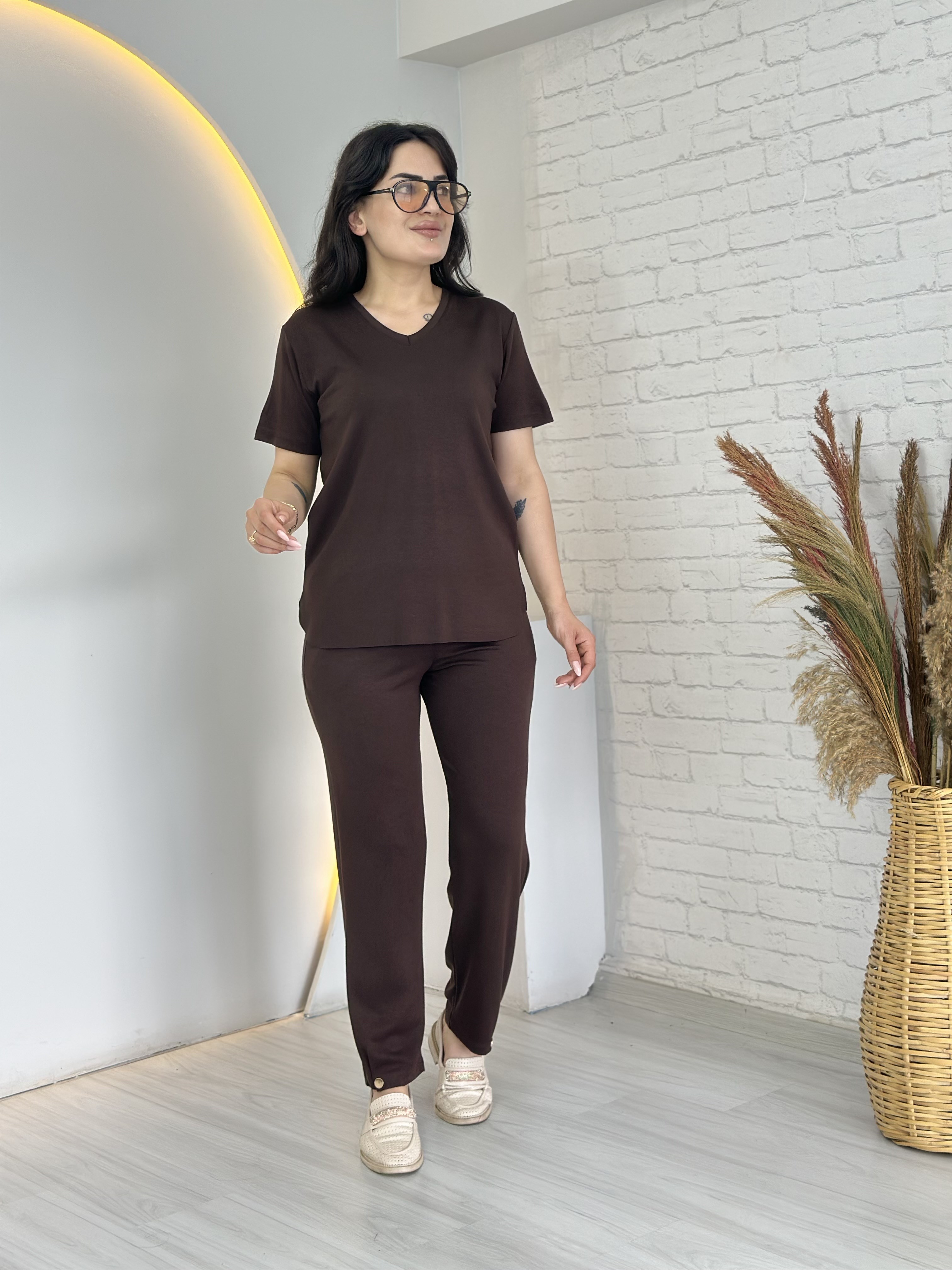 Tofi Kahve V Yaka İpek Modal Kumaş Kolu Paçası Çıtçıtlı Takım D133