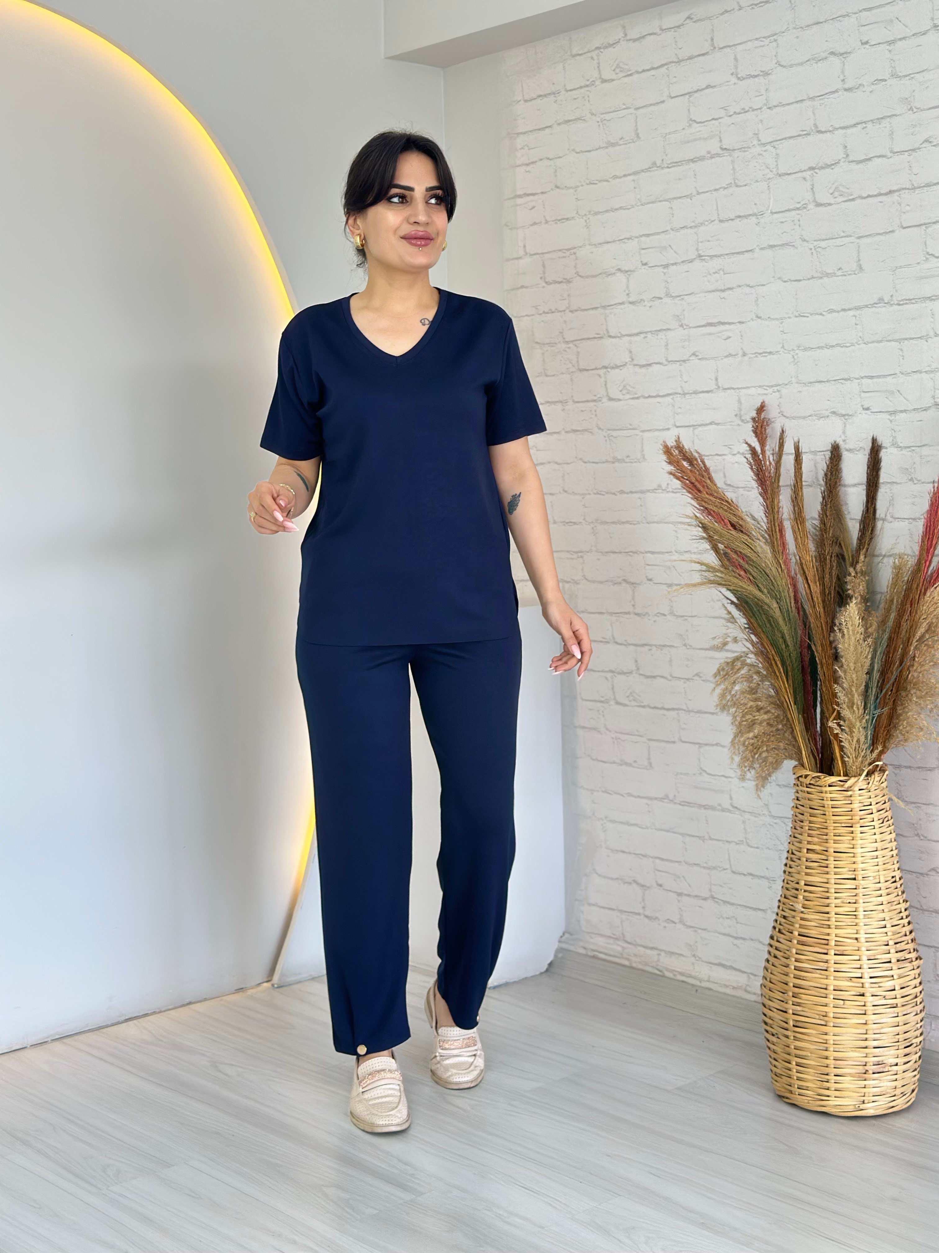 Tofi Lacivert V Yaka İpek Modal Kumaş Kolu Paçası Çıtçıtlı Takım D133