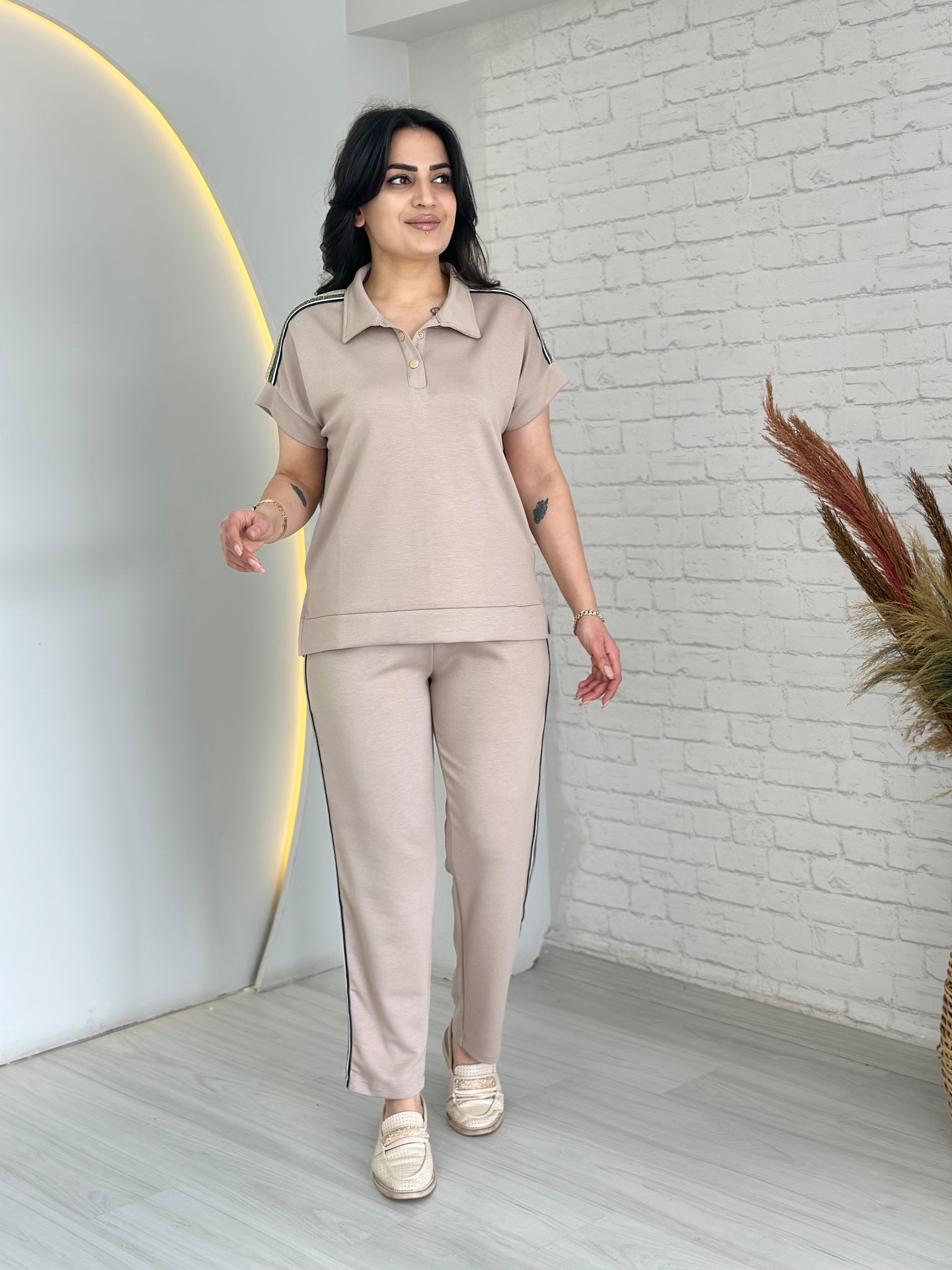 Truva Bej Polo Yaka Düğmeli Şerit Detaylı Cepli Takım D064