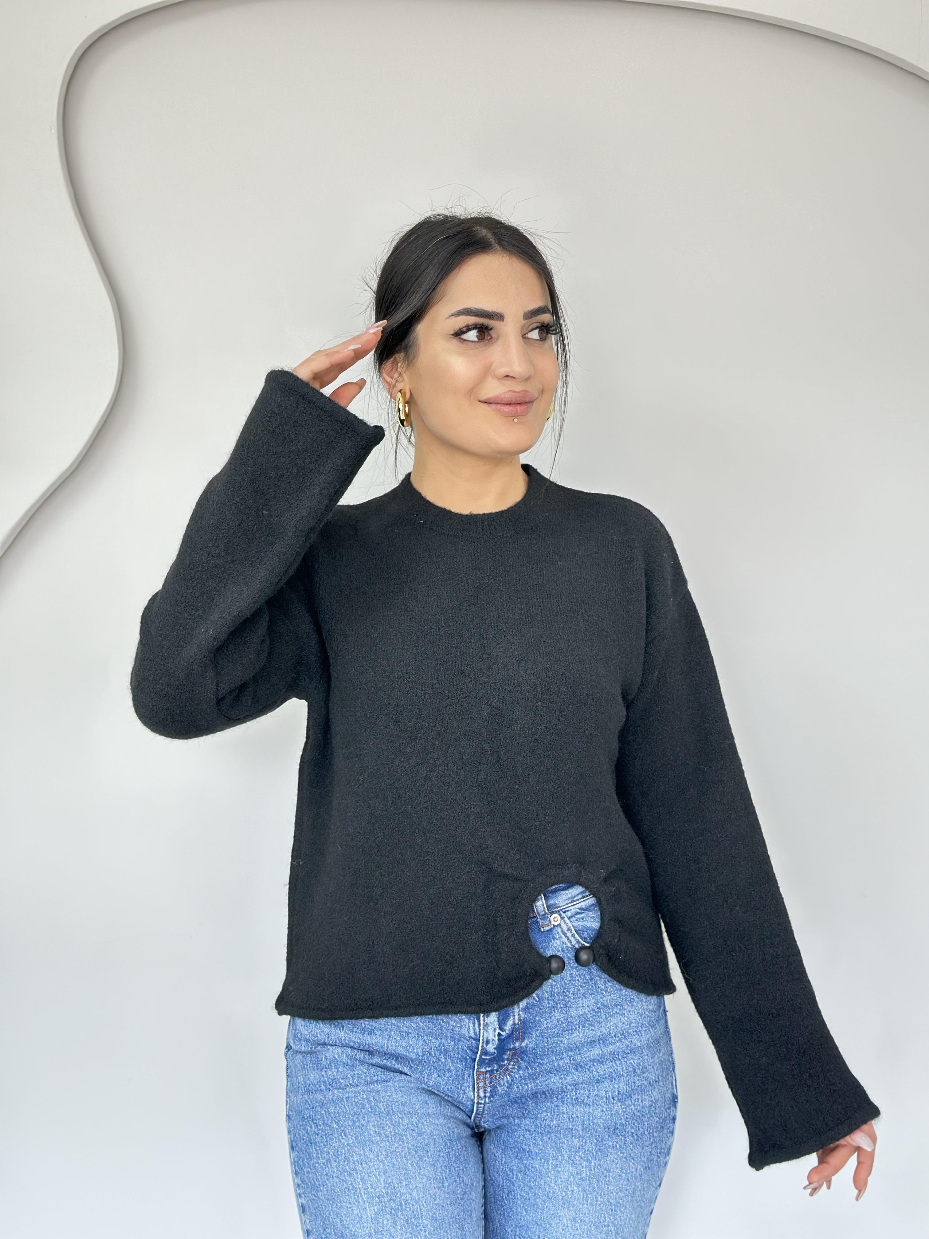 Urban Siyah Bisiklet Yaka Toka Detaylı Triko Kazak C5656