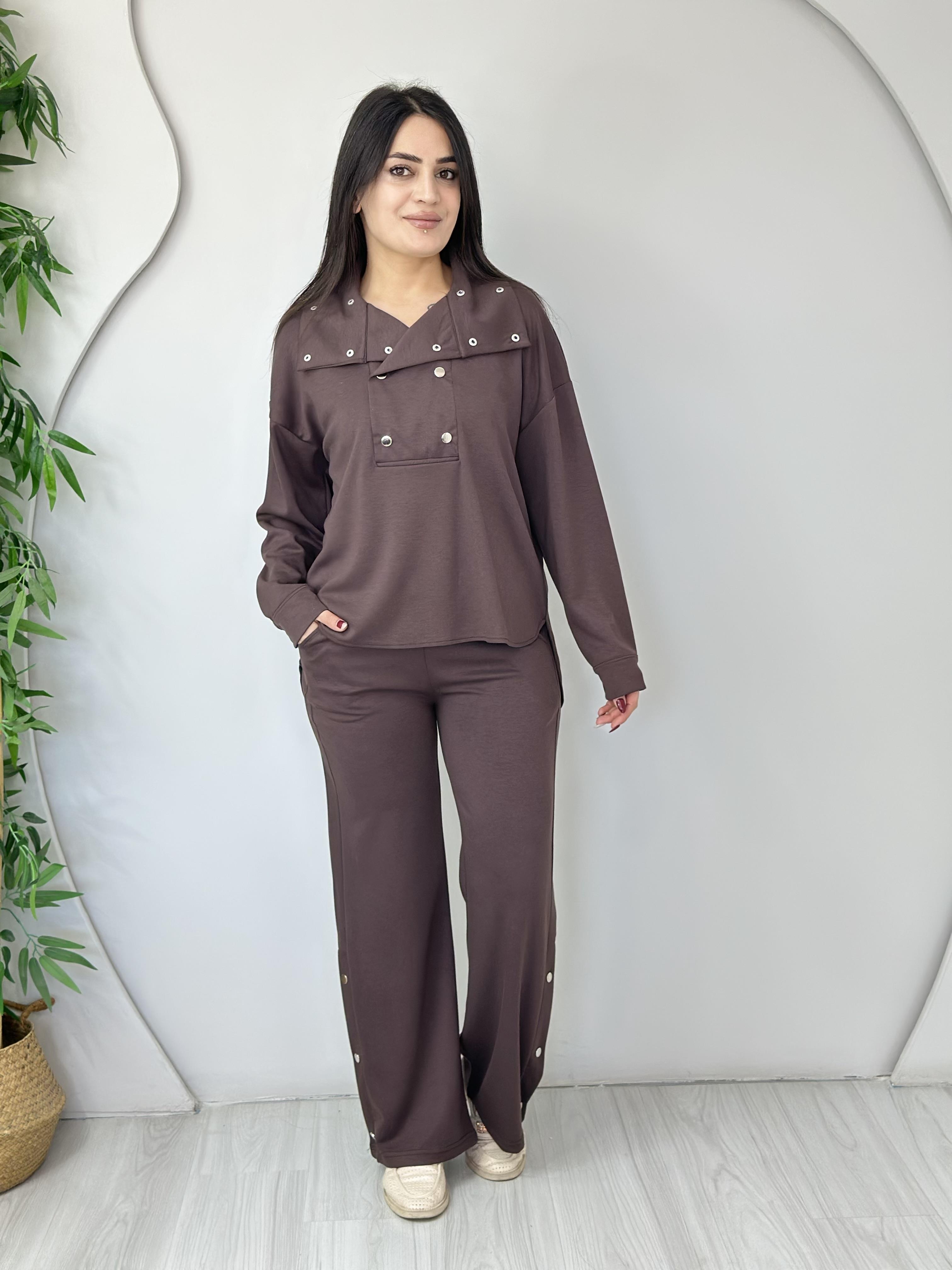 Vale Kahve Düğmeli Çıtçıt Detaylı Scuba Kumaş İkili Takım A304