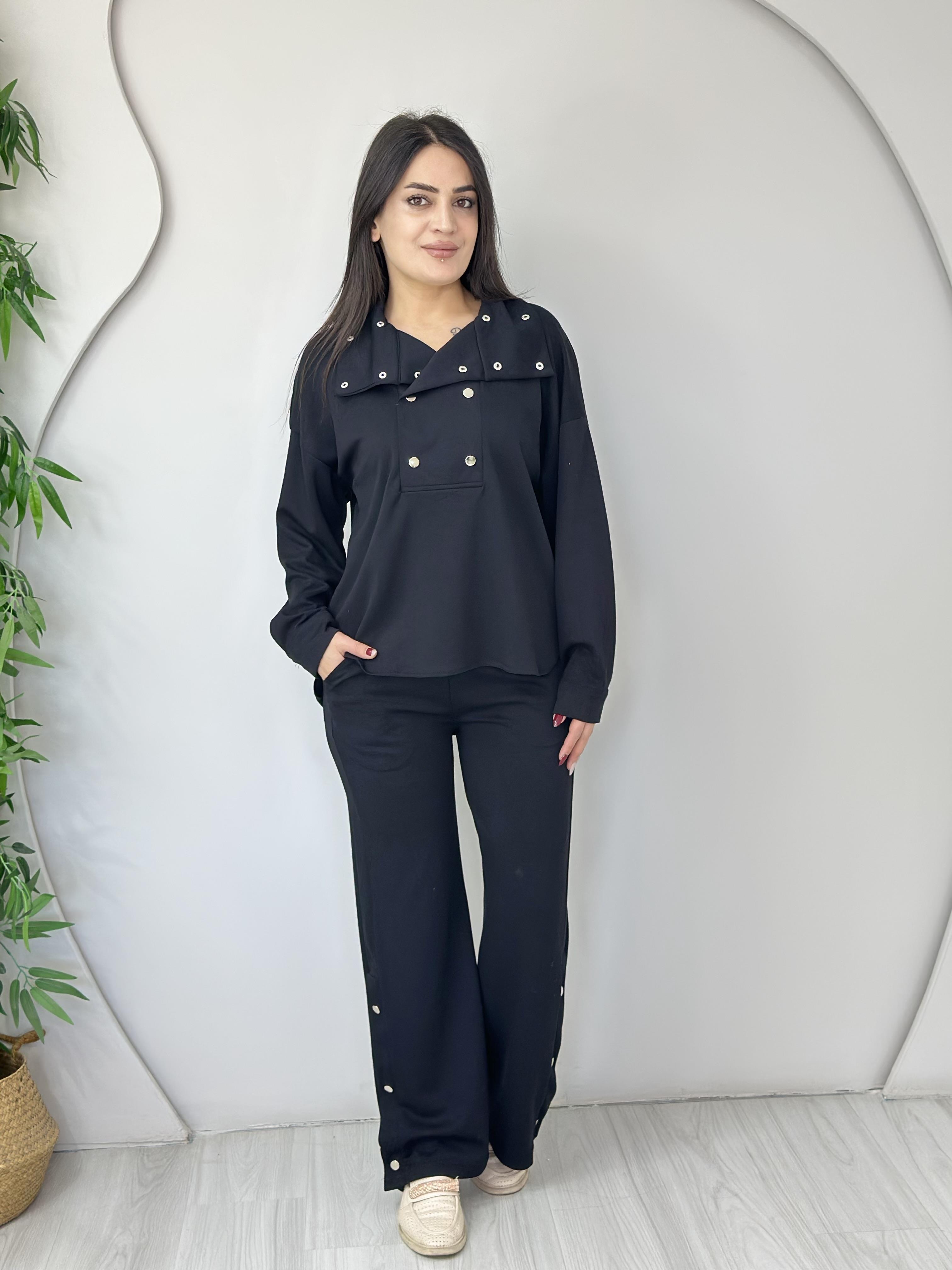 Vale Siyah Düğmeli Çıtçıt Detaylı Scuba Kumaş İkili Takım A300 