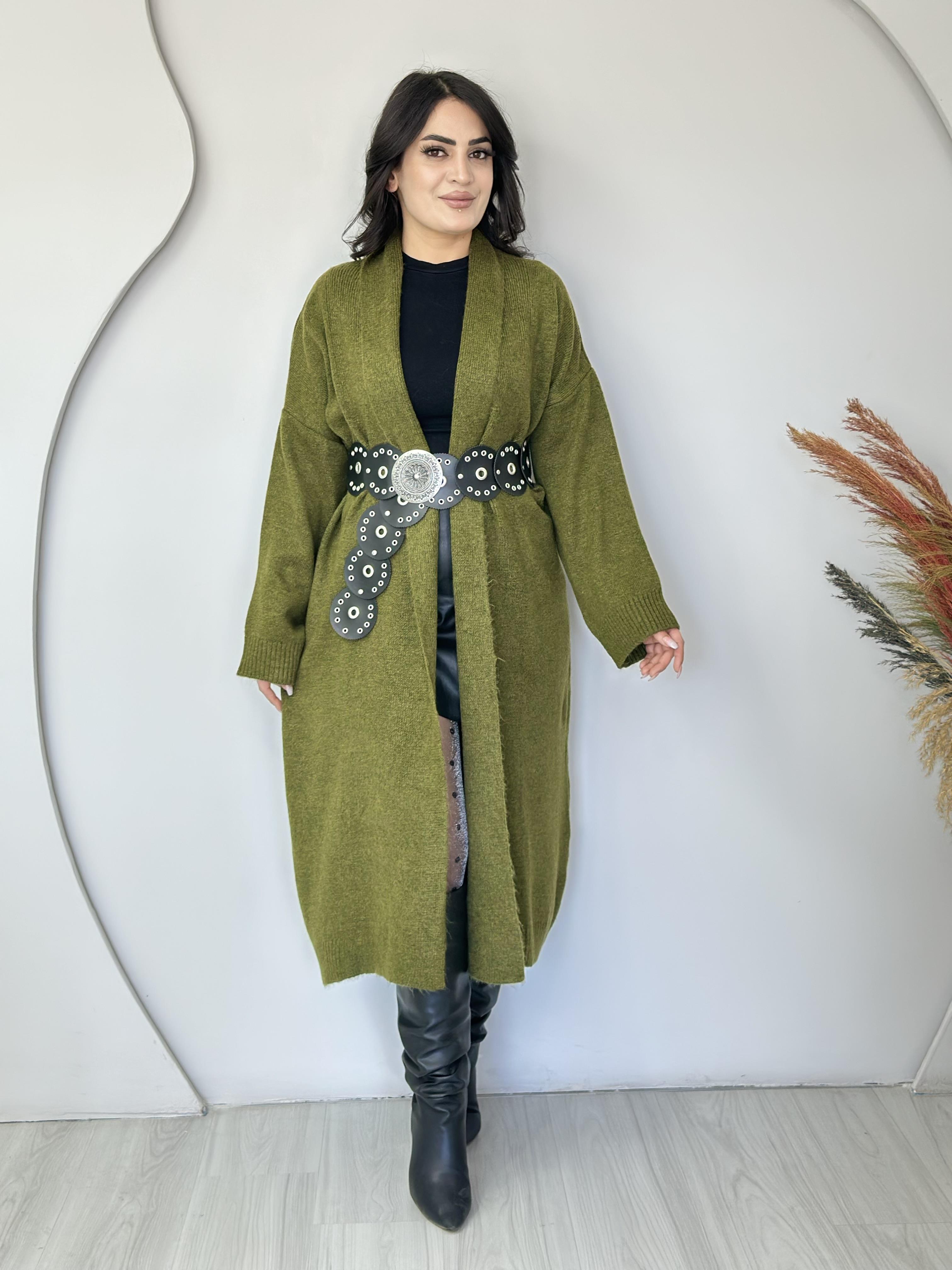 Vani Haki Şal Yaka Oversize Triko Hırka E888