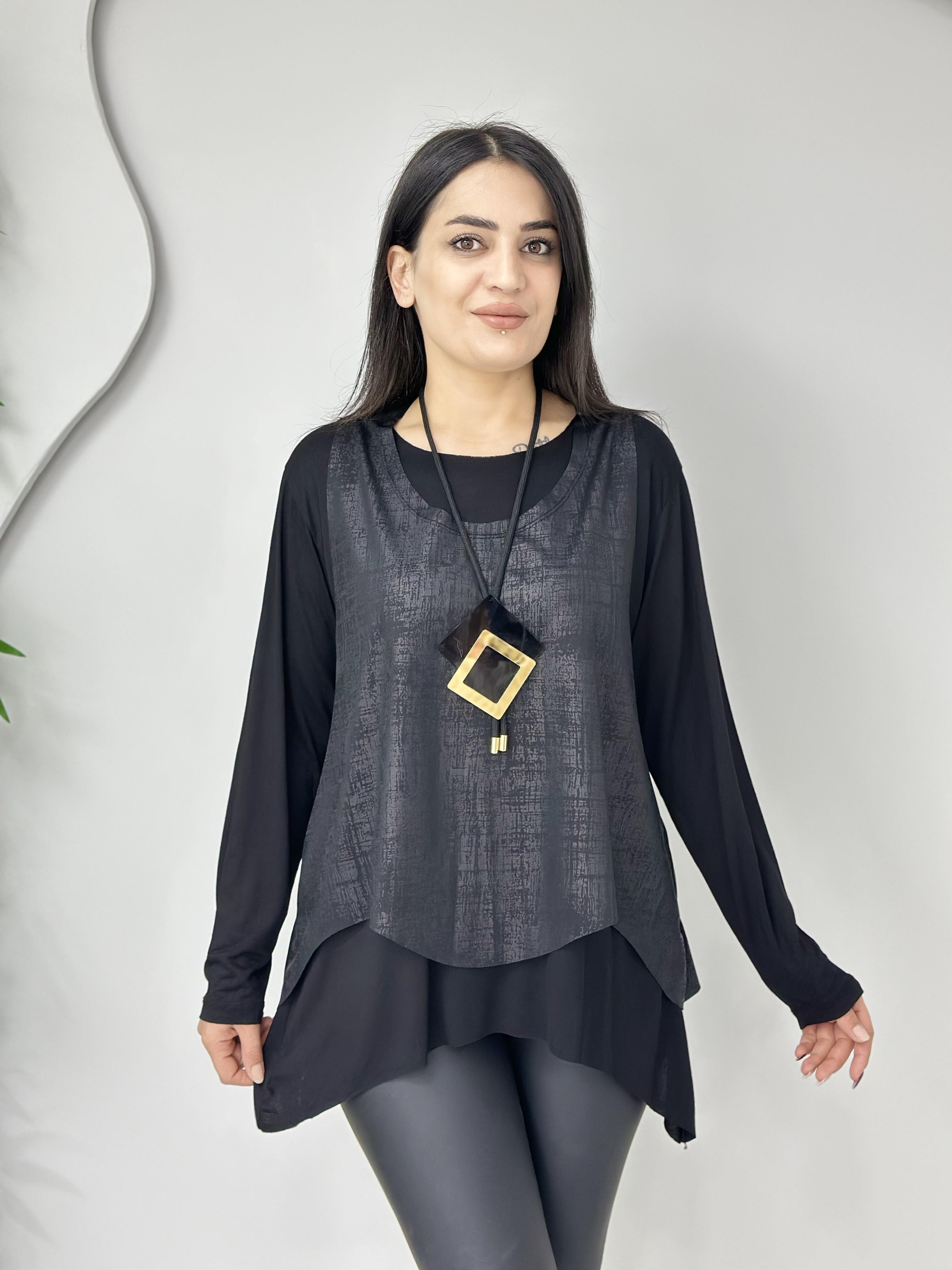 Velin Siyah Deri Yelekli Kolye Dahil Üçlü Tasarım Bluz A032