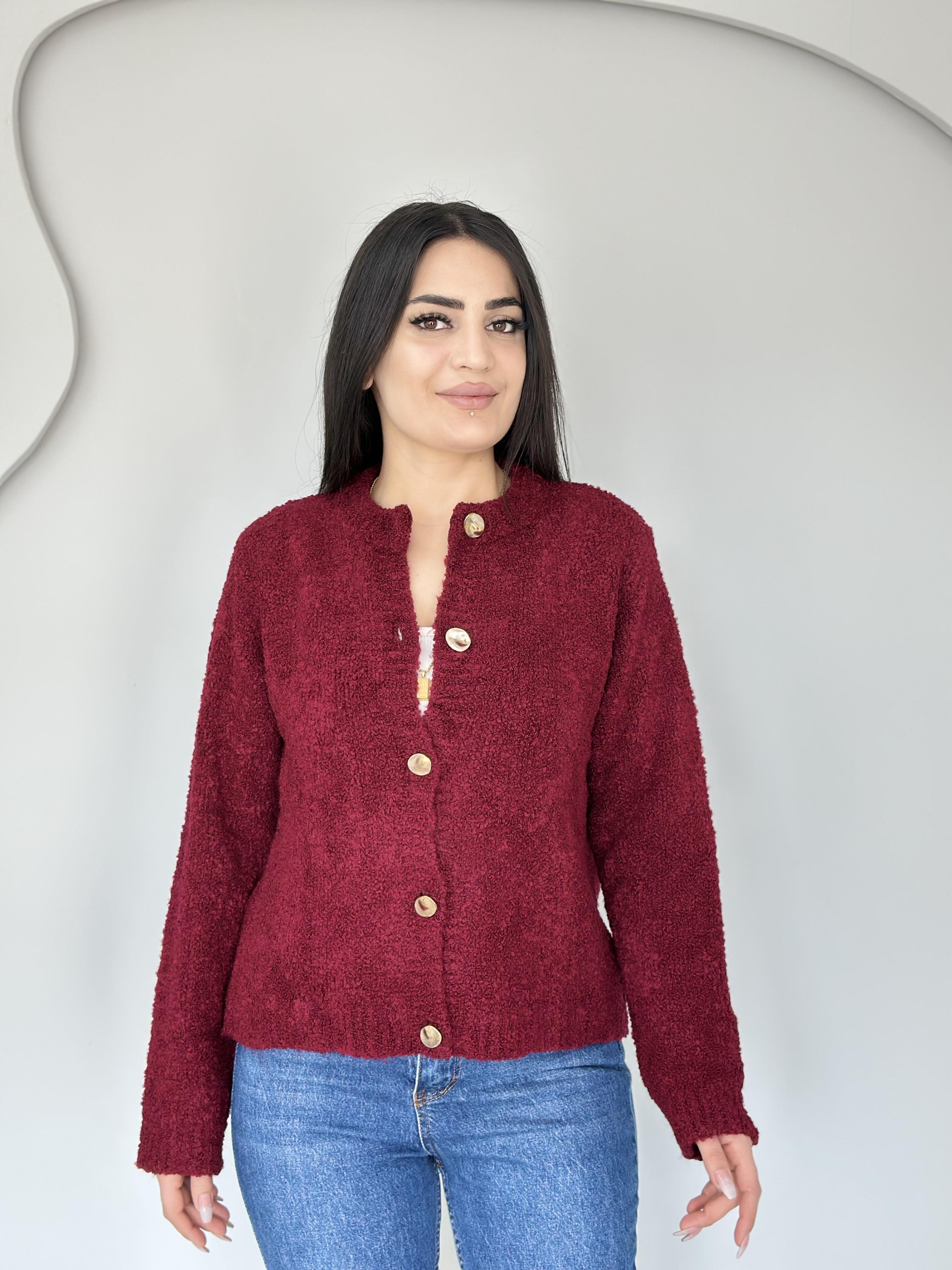 Vibe Bordo Bisiklet Yaka Gold Düğmeli Buklet Triko Hırka C123